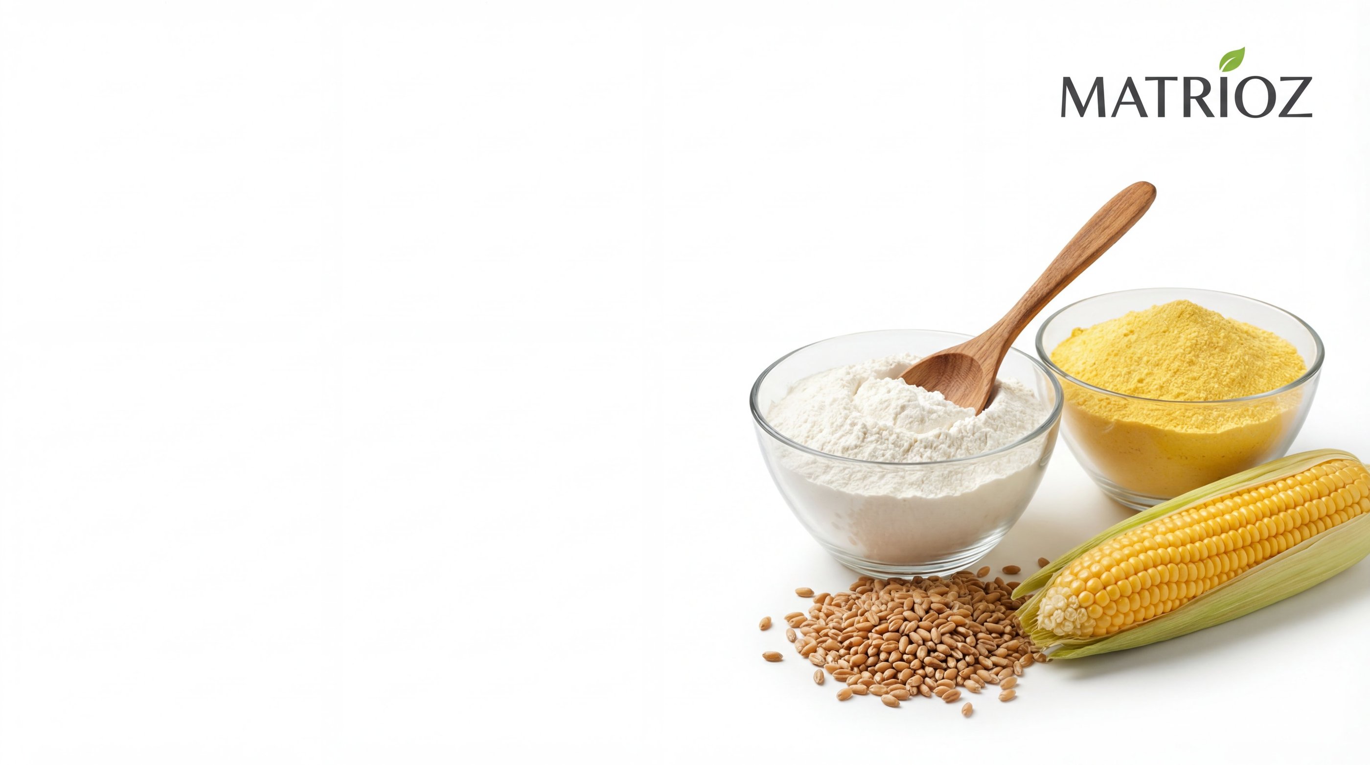 A bowl of wheat flour and cornmeal with organic corn and grains on a white background.
