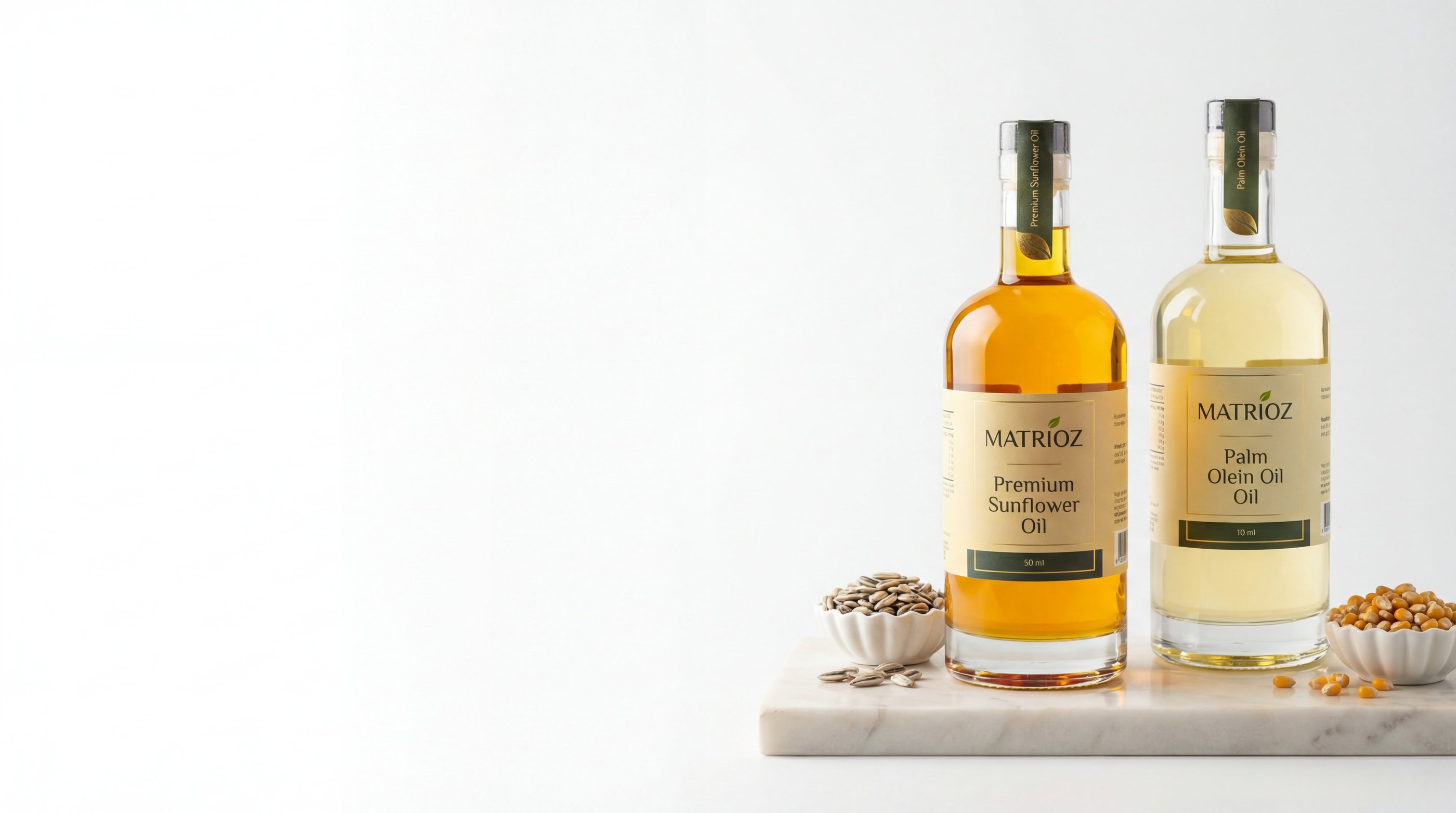 Bottles of Matrioz premium sunflower oil and palm olein oil on a marble tray with seeds.