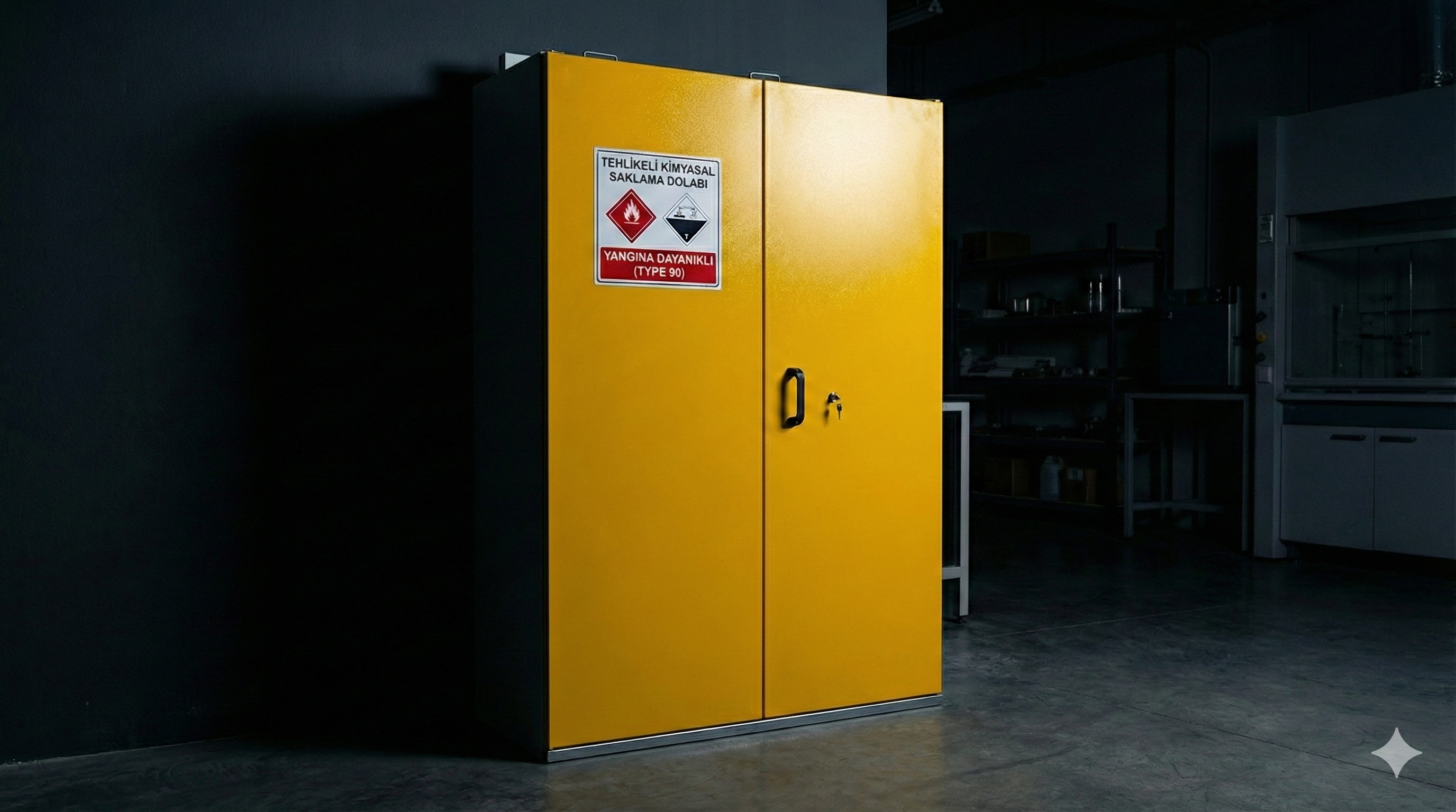 A yellow fire-resistant chemical storage cabinet for hazardous materials in an industrial laboratory setting.