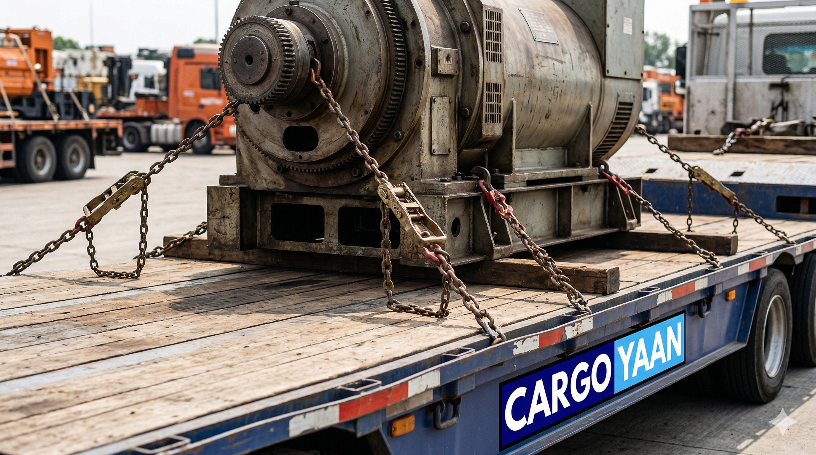 A close-up of a massive piece of industrial equipment professionally secured with heavy-duty chains.