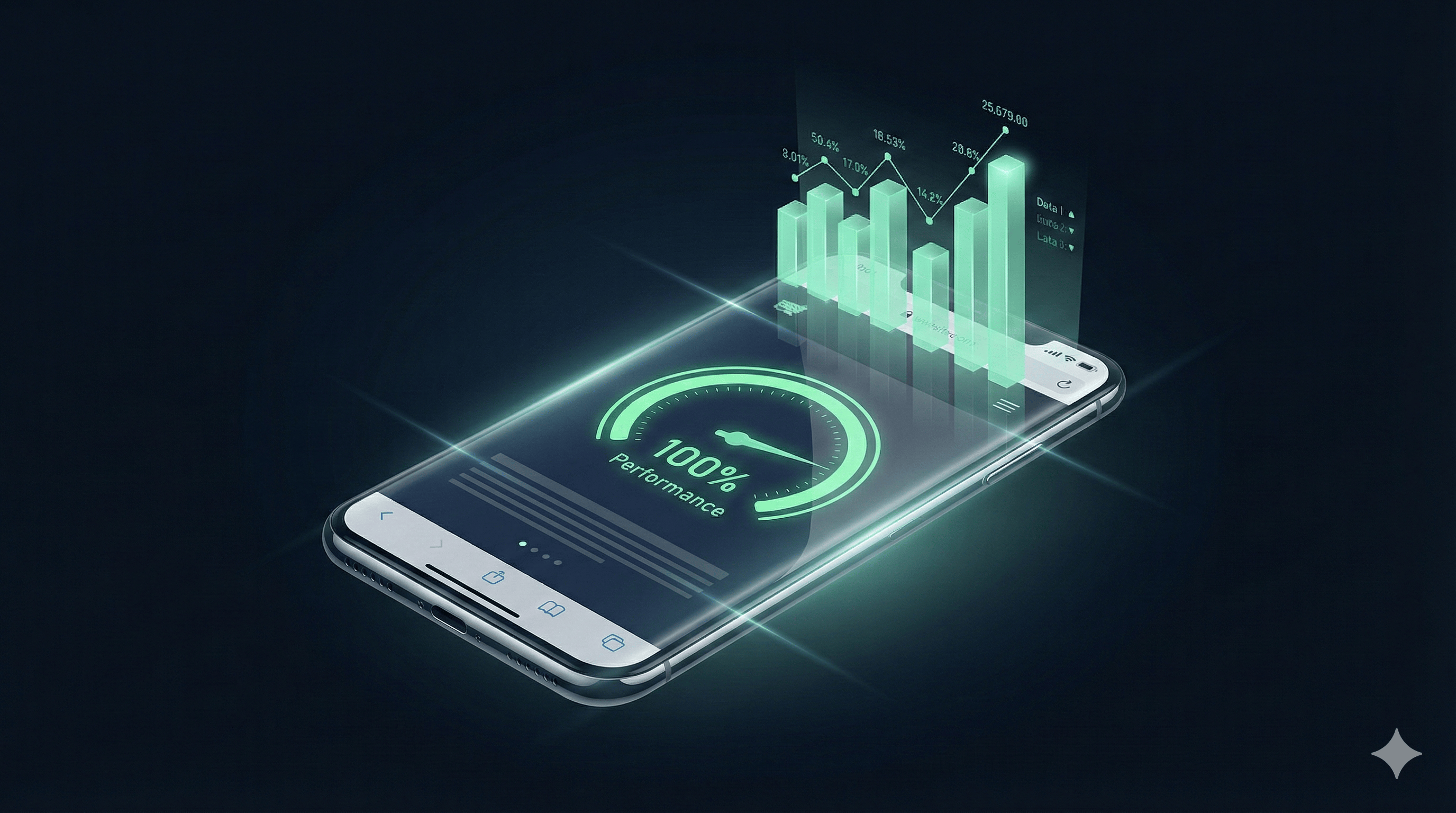 Smartphone exibindo site otimizado com nota máxima de velocidade no Google.