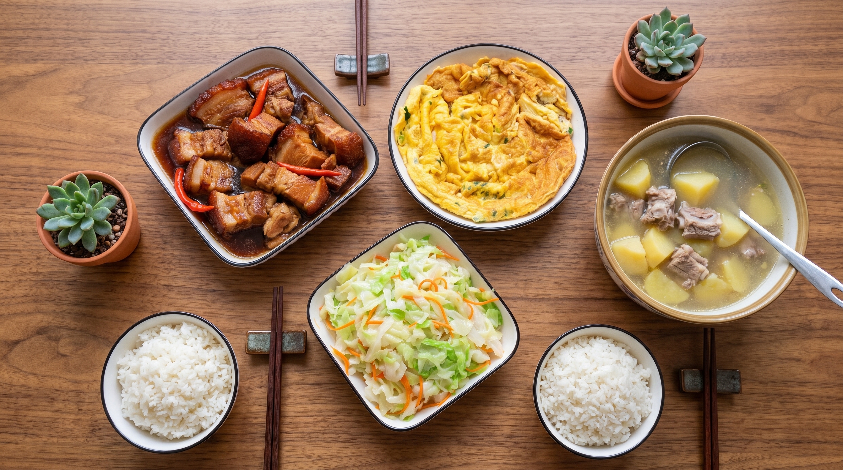 Thực đơn 2: Thịt kho tàu + Trứng rán + Bắp cải xào