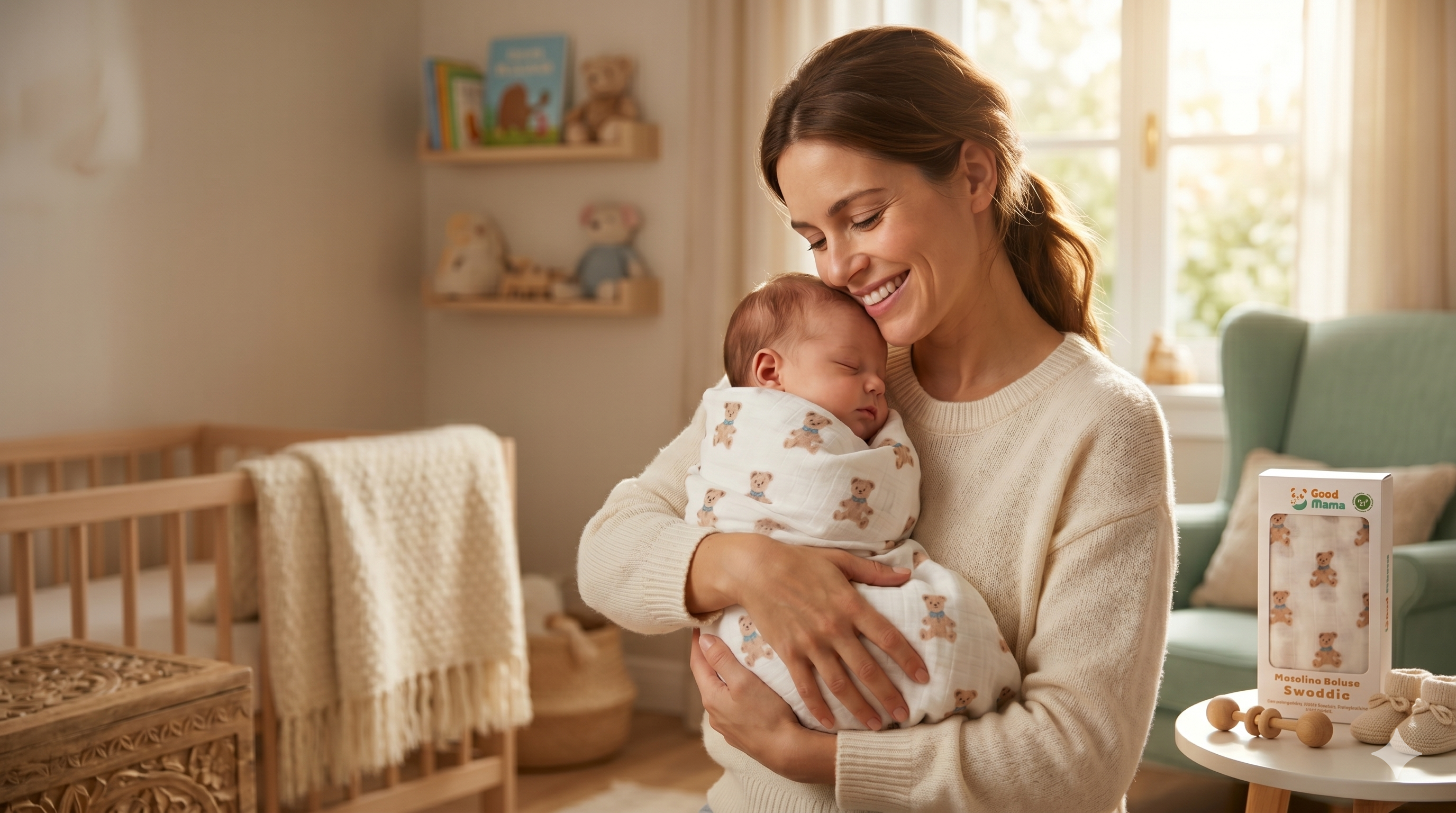 A smiling mother holds a sleeping newborn baby wrapped in a teddy bear print muslin swaddle in a nursery.