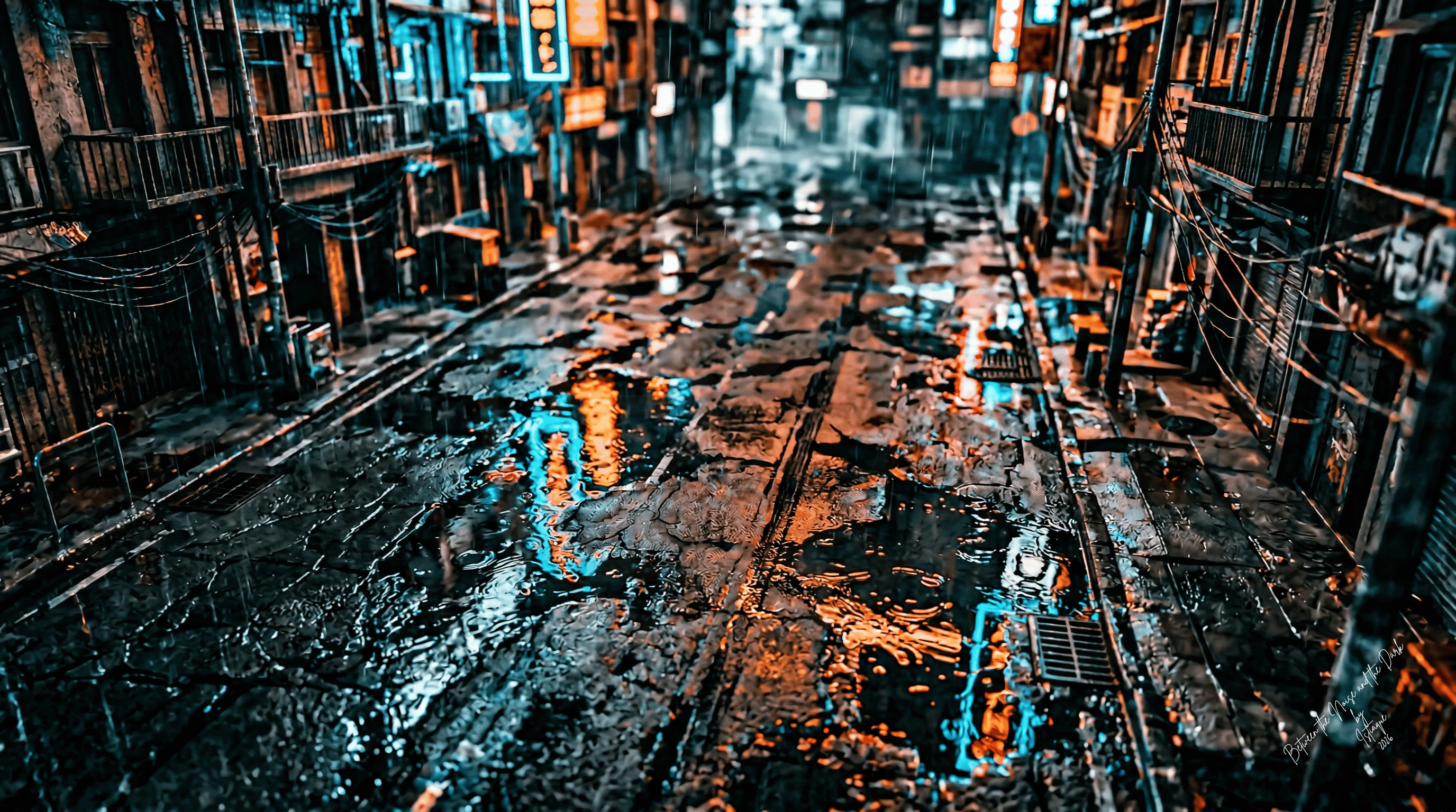 Rainy cyberpunk city street at night with neon light reflections on wet cracked asphalt.