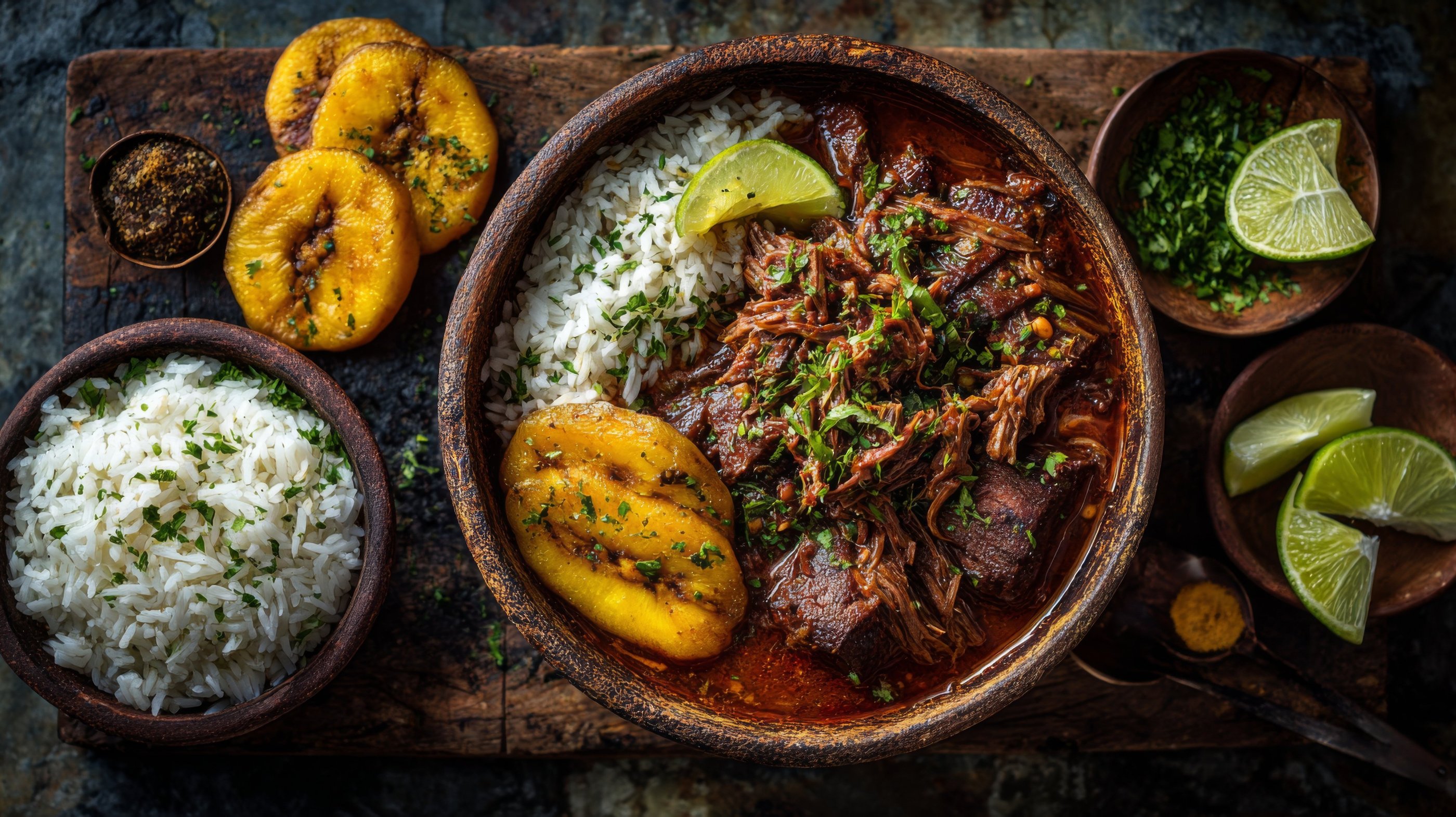 Traditional Cuban Ropa Vieja shredded beef stew served with white rice and fried sweet plantains.