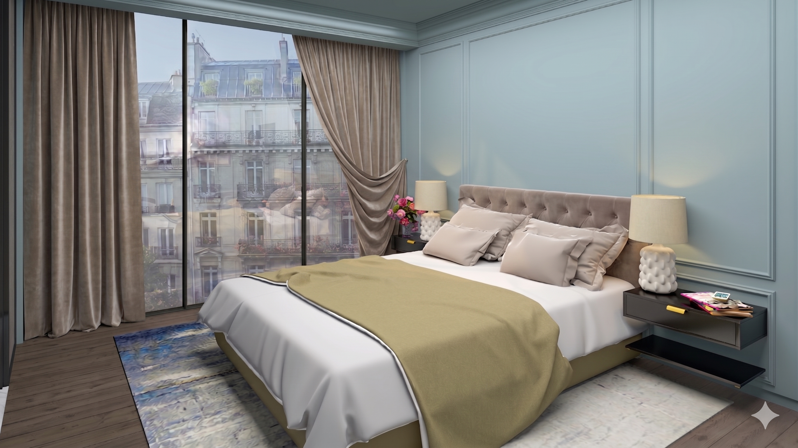 Chambre à coucher chic à Paris, grand lit, murs bleu-vert et vue urbaine.