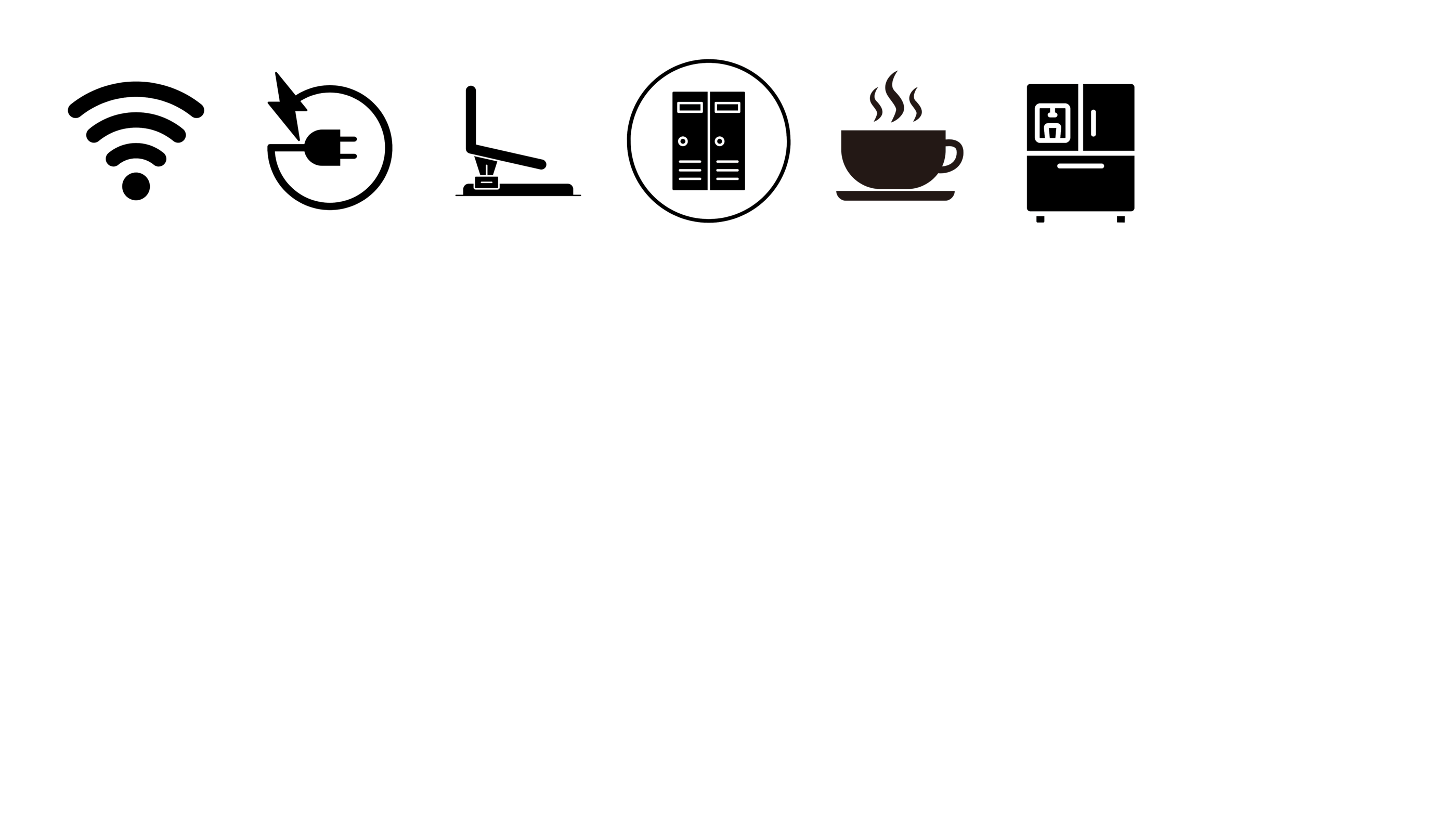 Set of black hospitality service icons including Wi-Fi, power plug, gym equipment, elevator, and coffee.