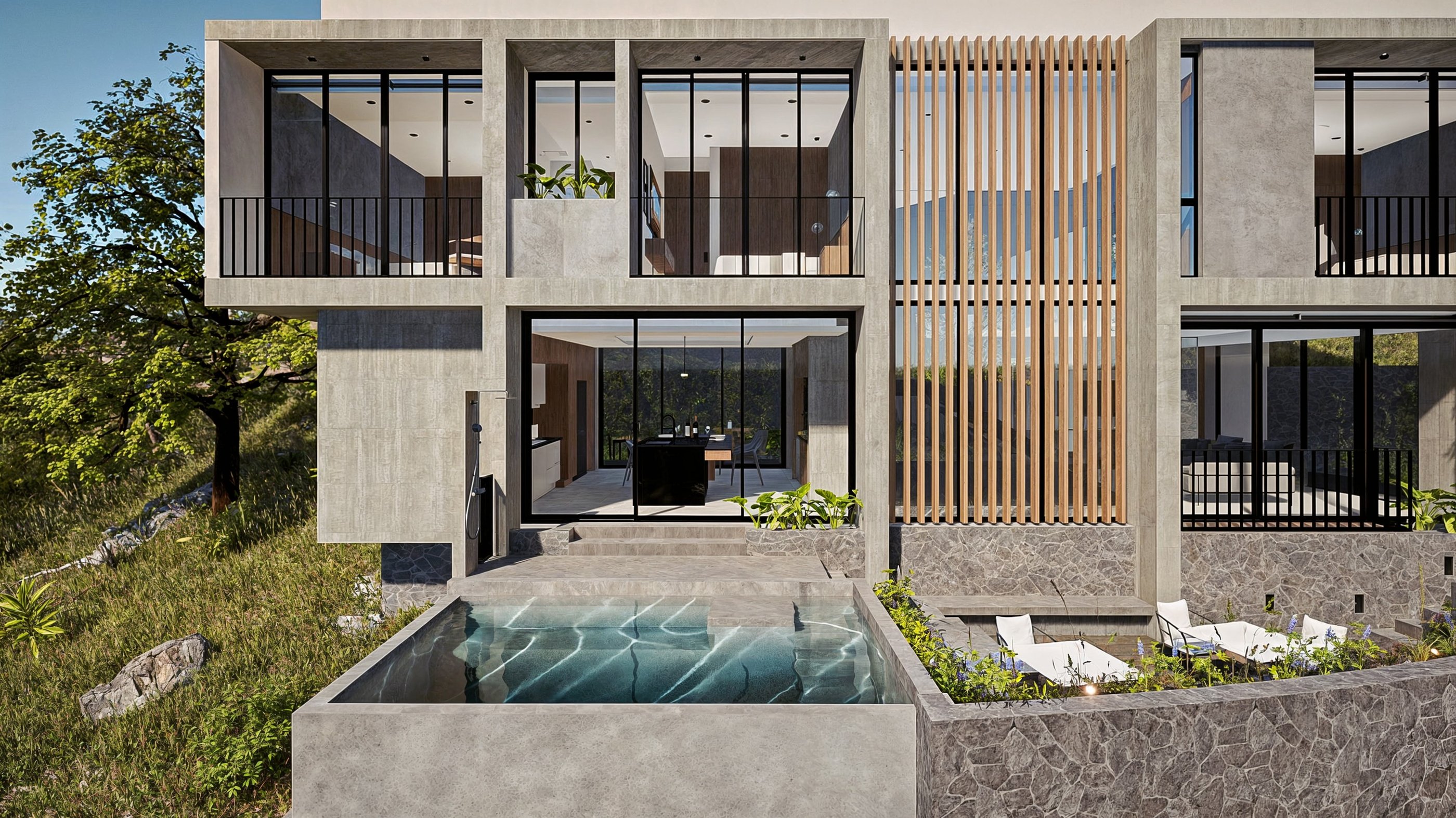 casa de campo con alberca y acabados aparentes