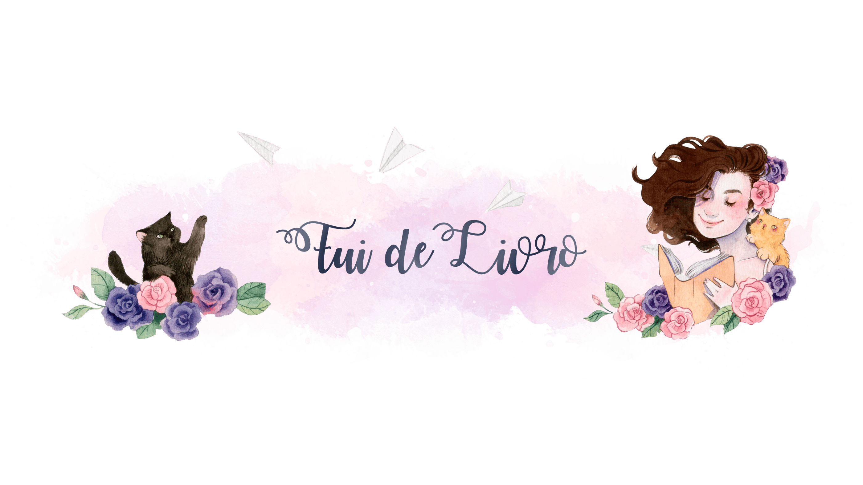 A fantasy banner featuring a brown-haired girl reading a book, a black cat, and purple-pink flowers on a dark watercolor