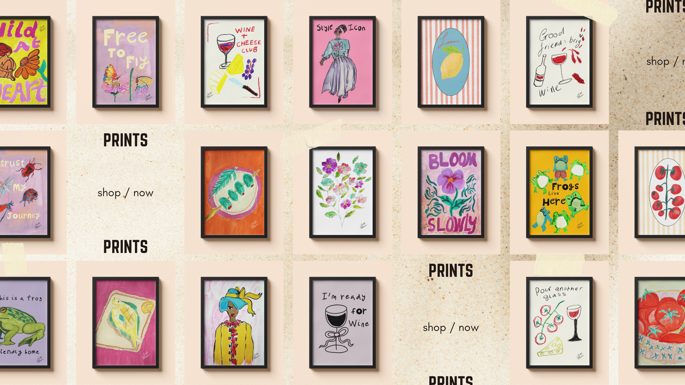 A collection of colorful framed art prints featuring whimsical illustrations and hand-lettered quotes.