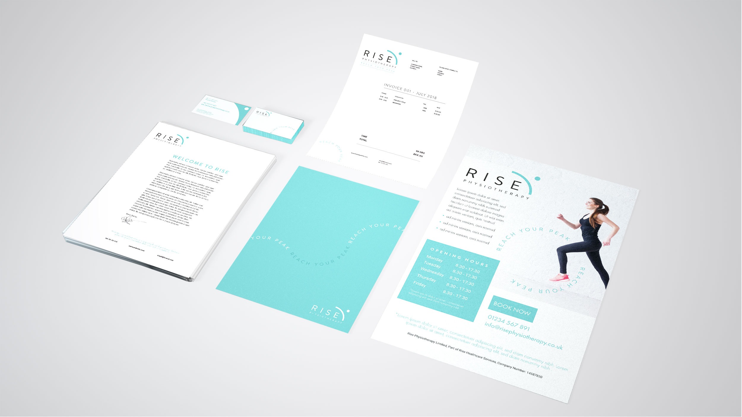 A set of stationary for Rise Physiotherapy Clinic's new branding