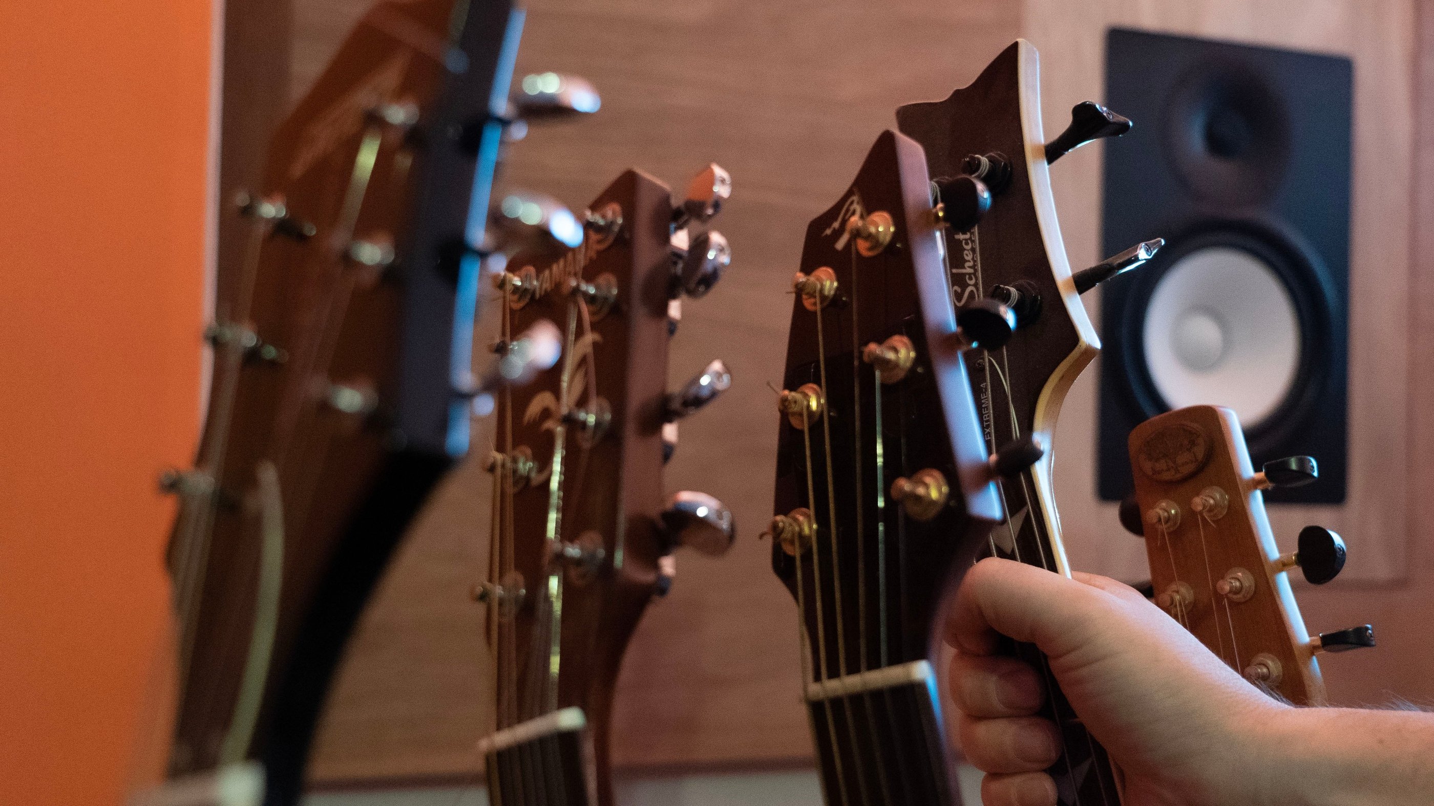 Vox music recording studio guitar headstocks