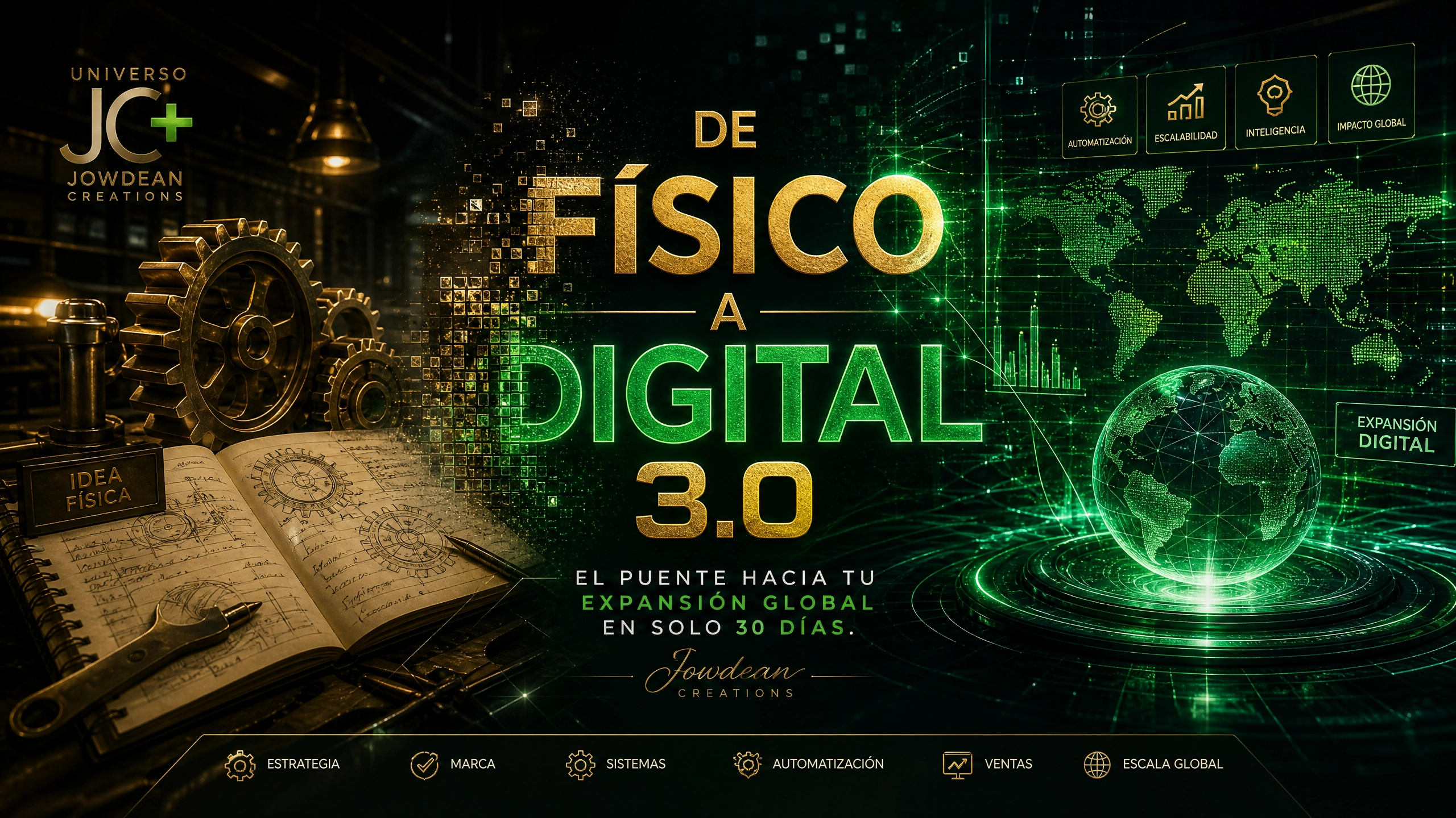 Digital transformation graphic showing a transition from physical gears and books to a glowing global tech grid.