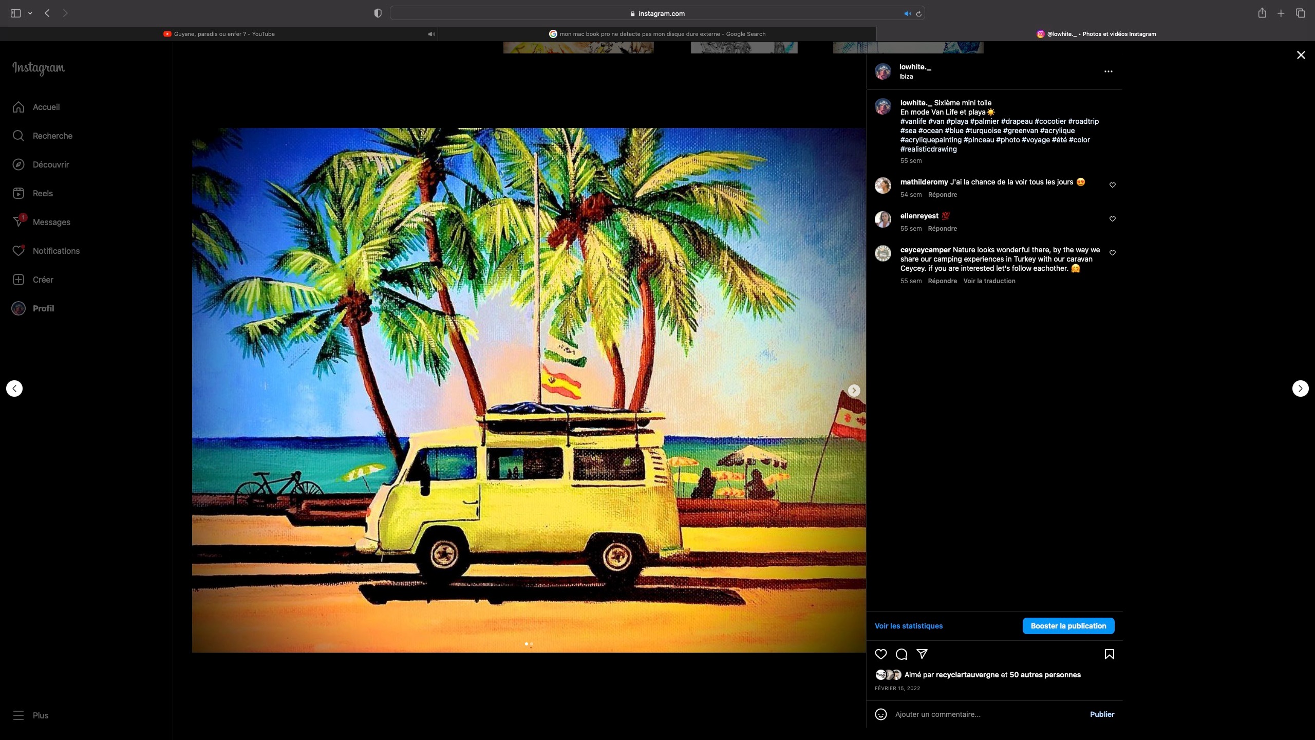 une peinture avec un van et des palmiers