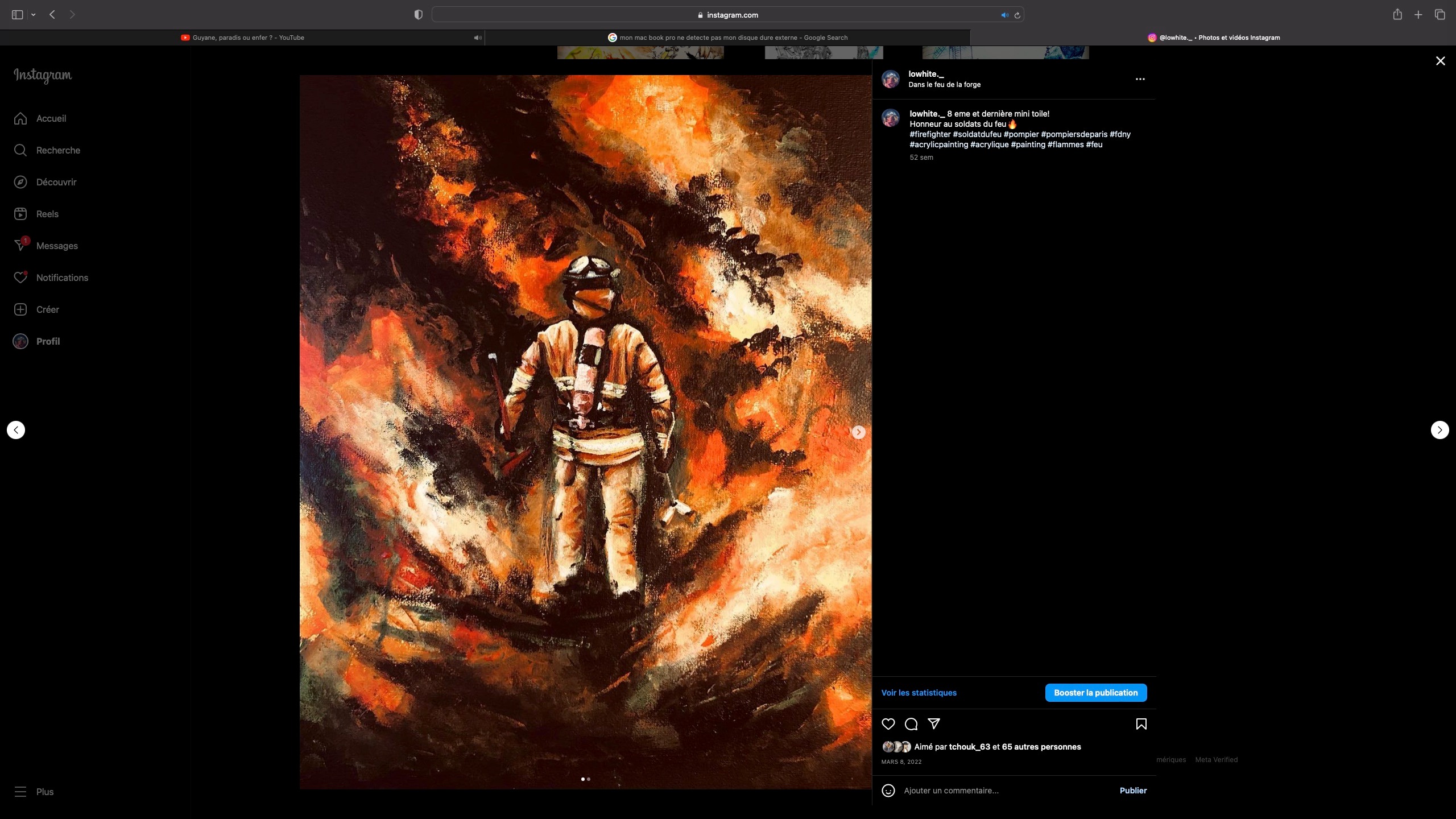 une peinture d'un pompier dans le feu