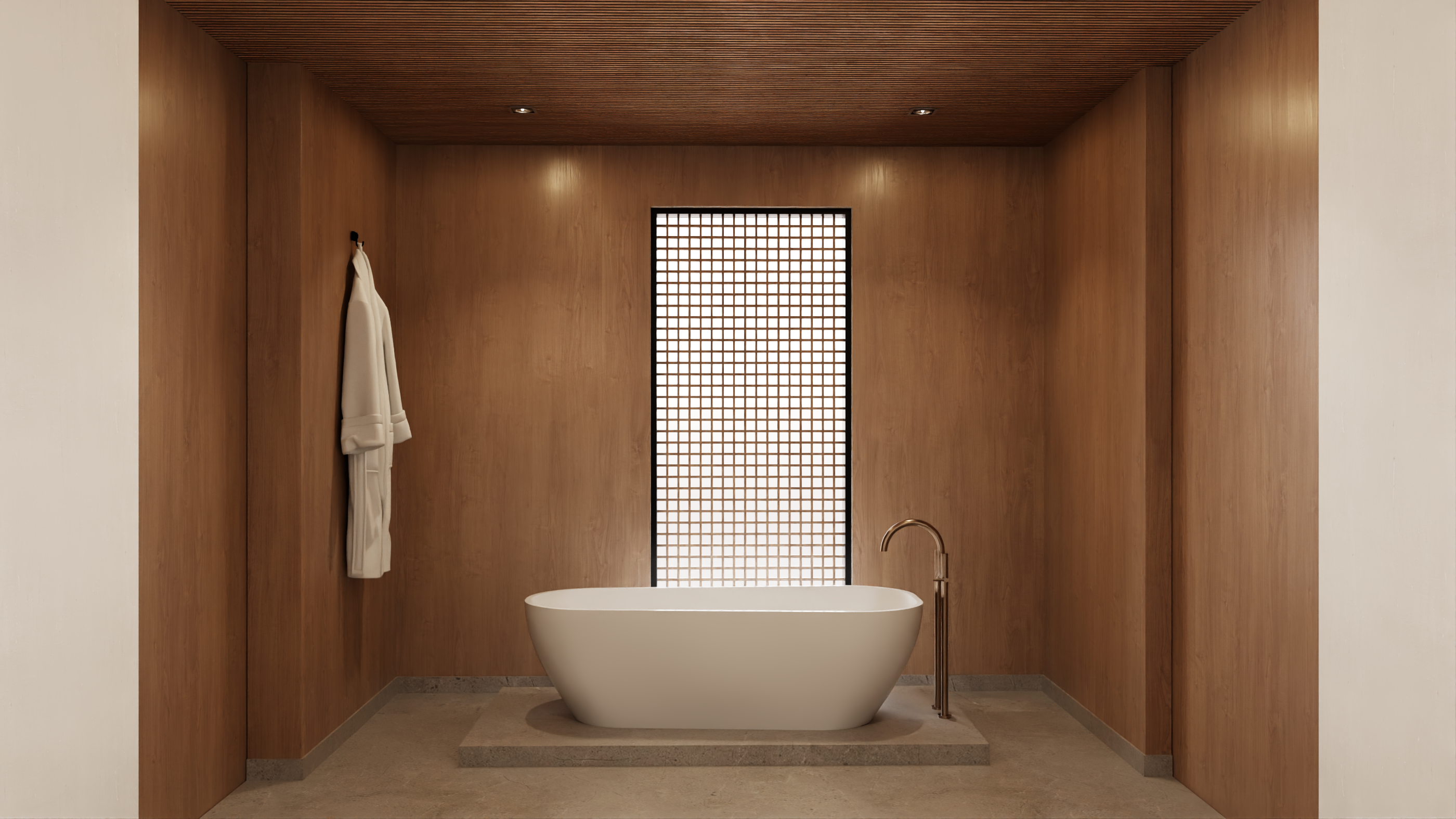 Freestanding bathtub in wood-paneled minimalist bathroom with soft lighting and grid-screen window.