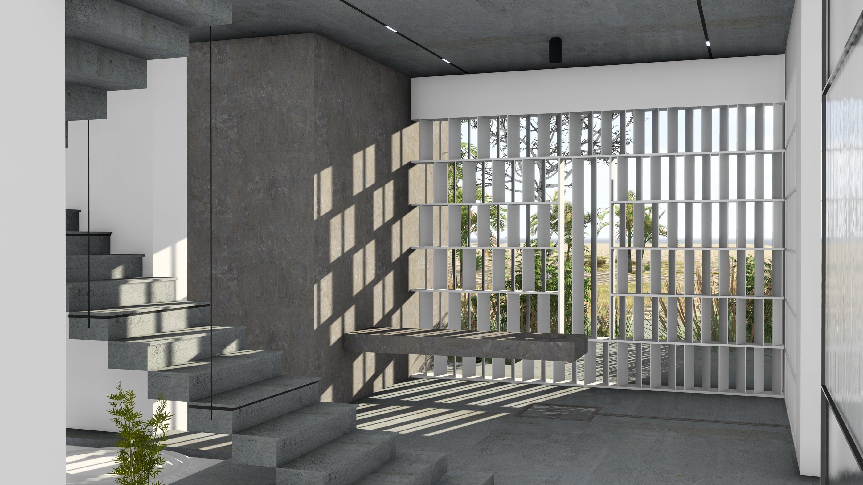 Concrete floating bench and a slatted wall casting shadows and revealing an outdoor view.
