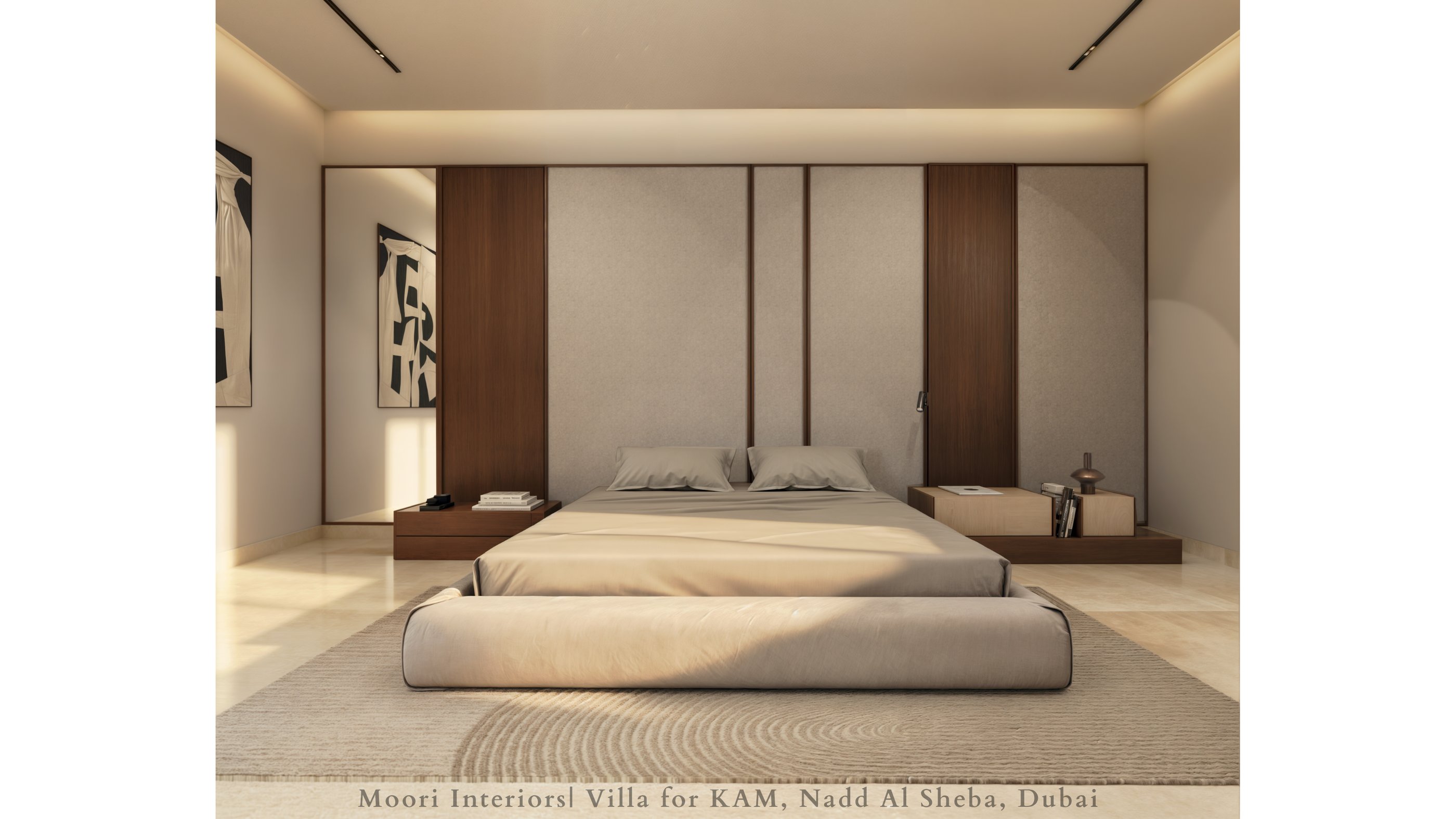 Japandi bedroom design with minimalist wooden accents and a serene color palette