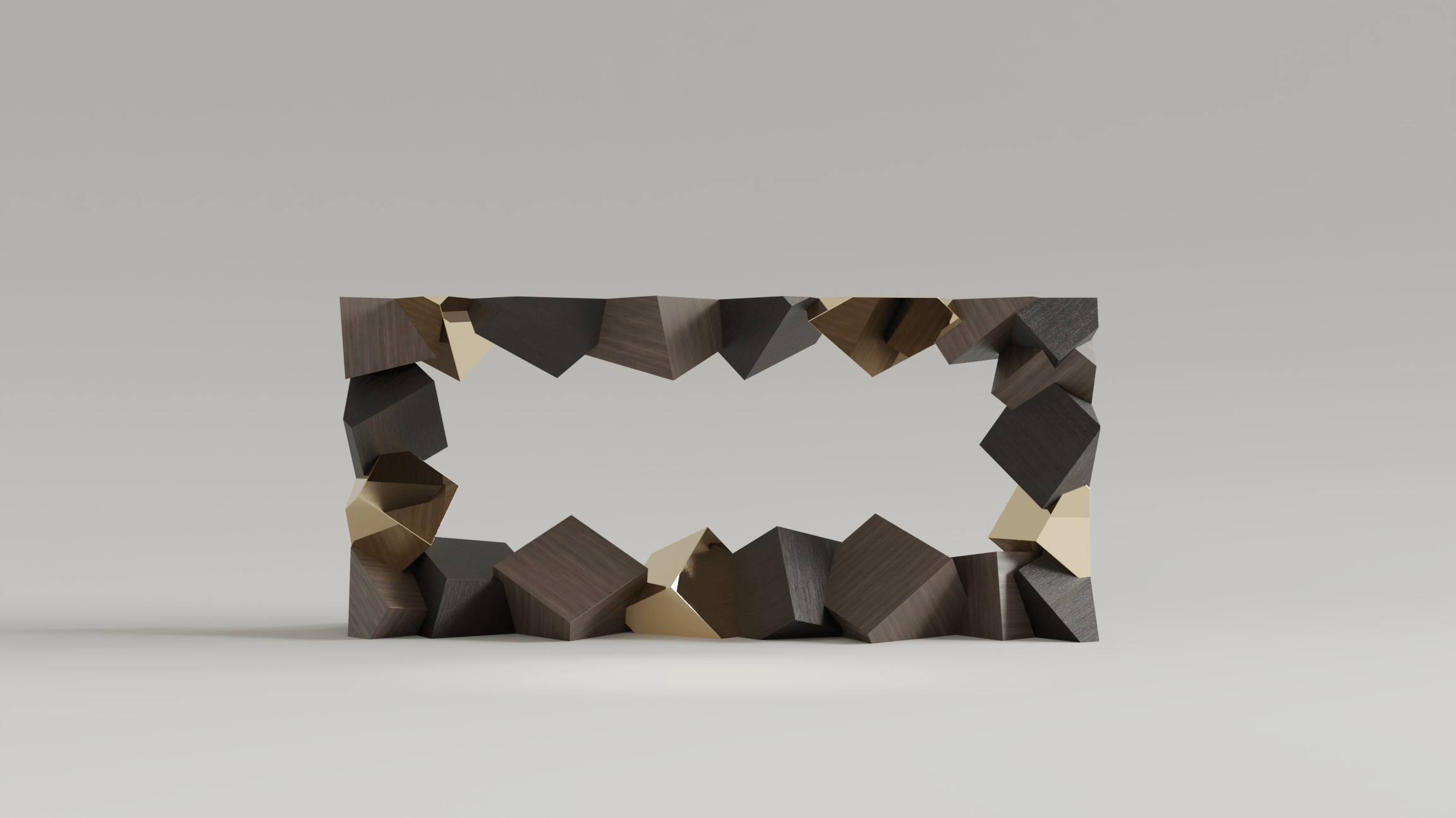 Console Pyrite en noyer et laiton poli, cubes imbriqués et tronqués