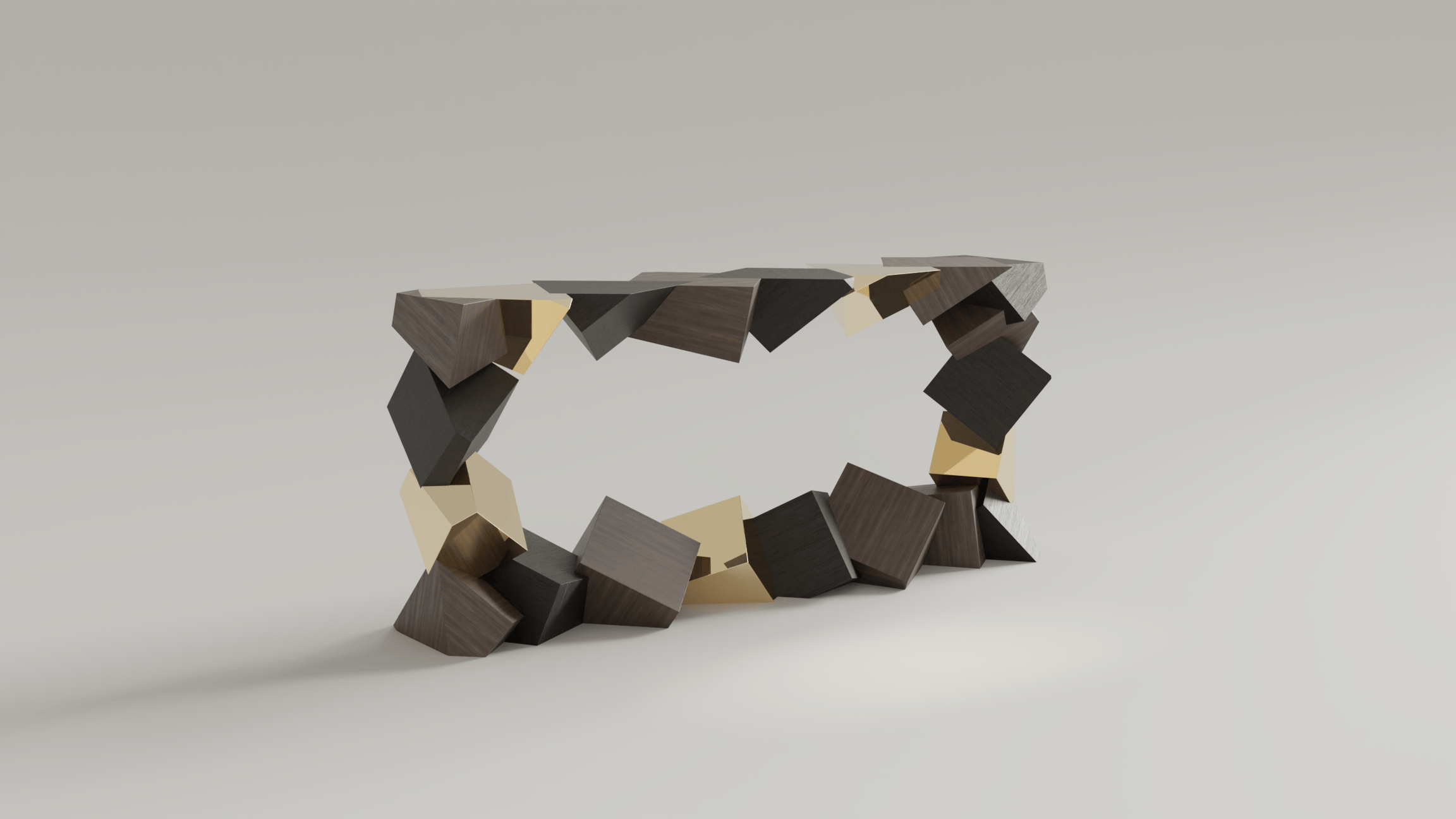 Pyrite Console in walnut and polished brass, interlocking truncated cubes