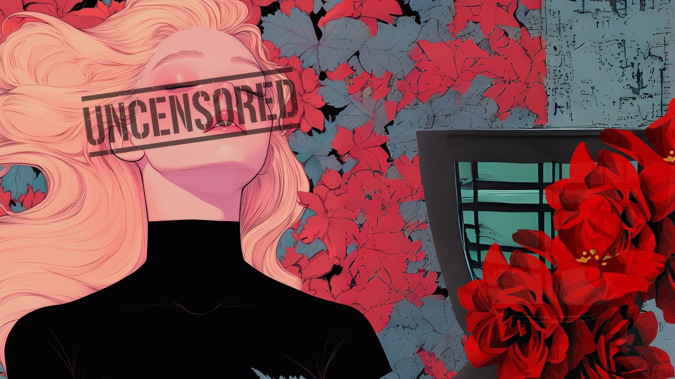 A blonde woman with red roses 