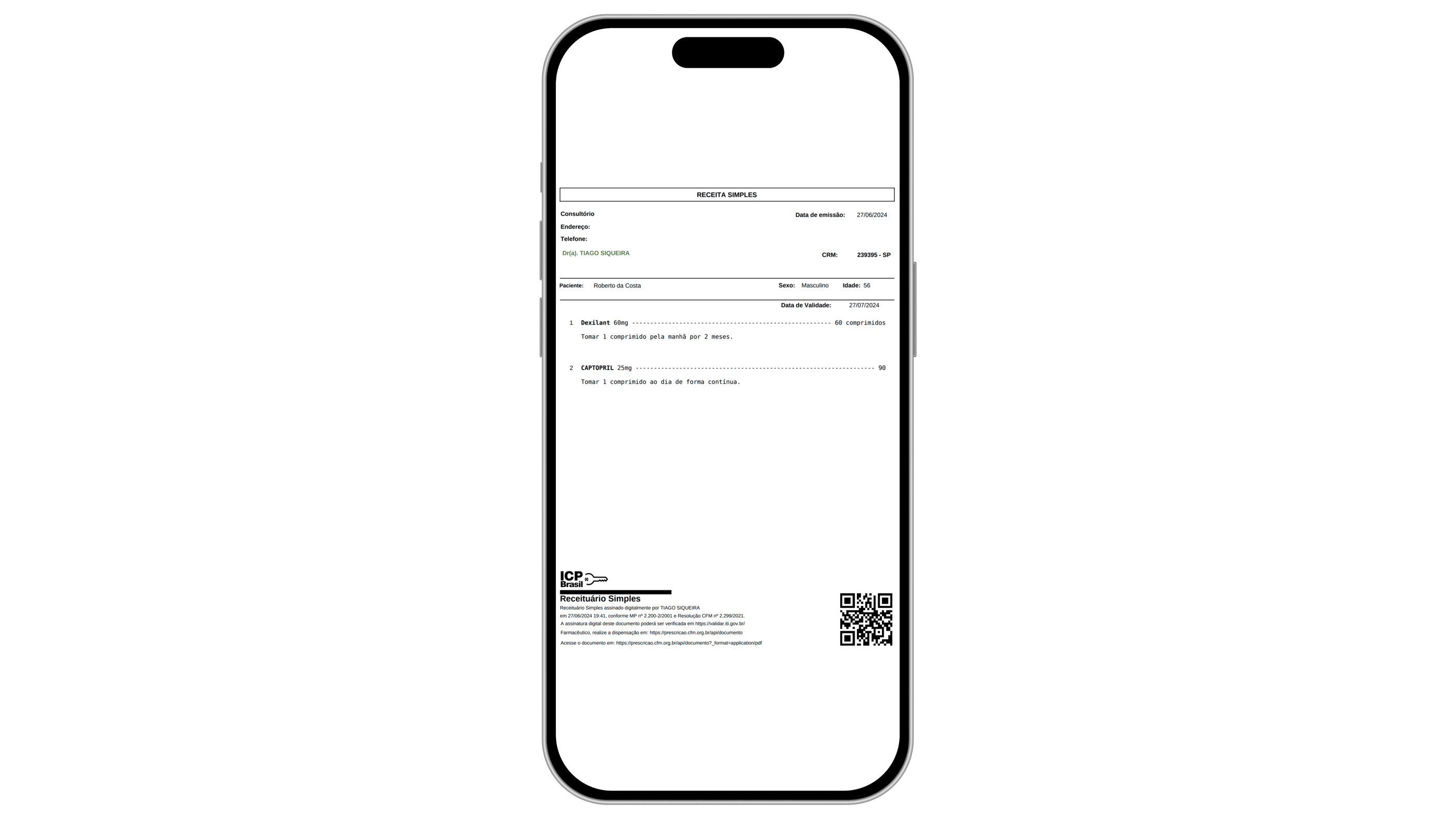 Exemplo de receita digital que receberá após a consulta