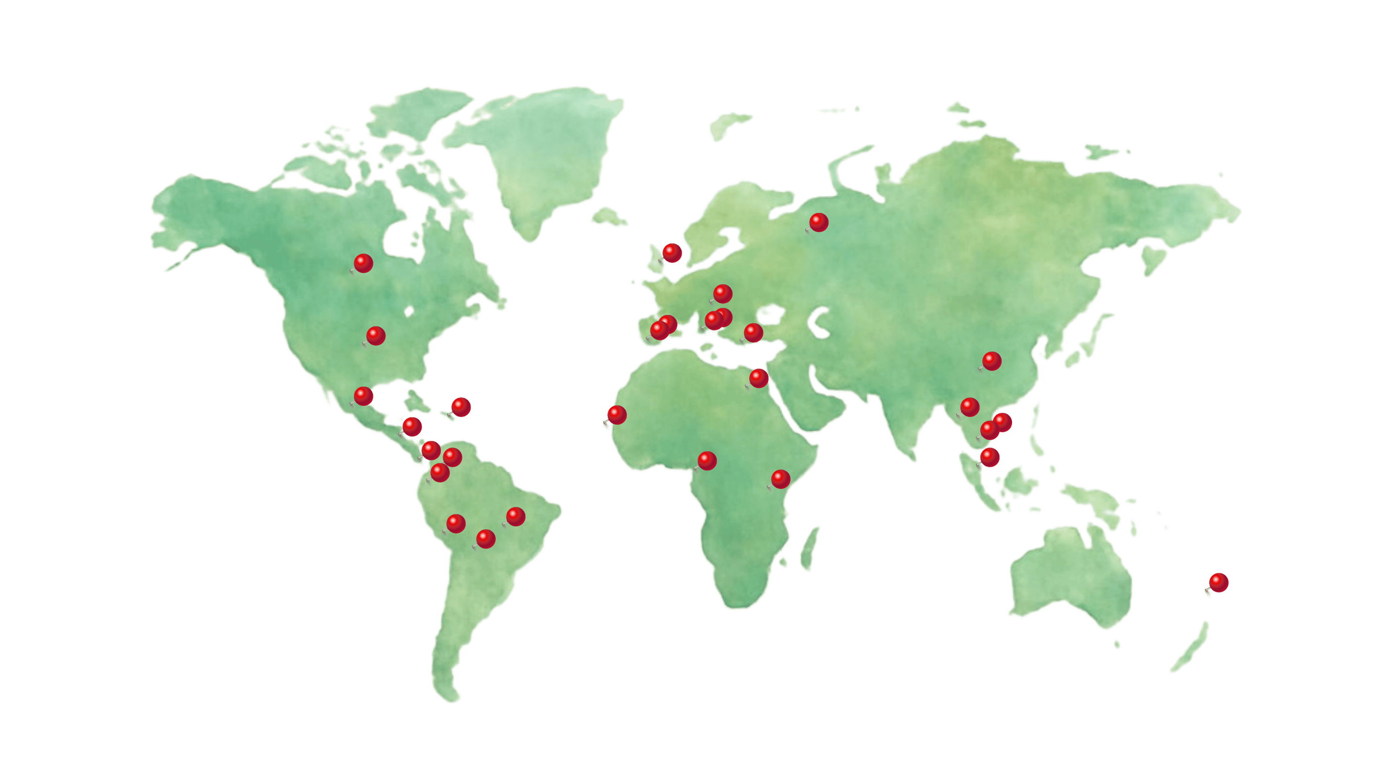 28 countries on red pins spread out globally according to location in different countries