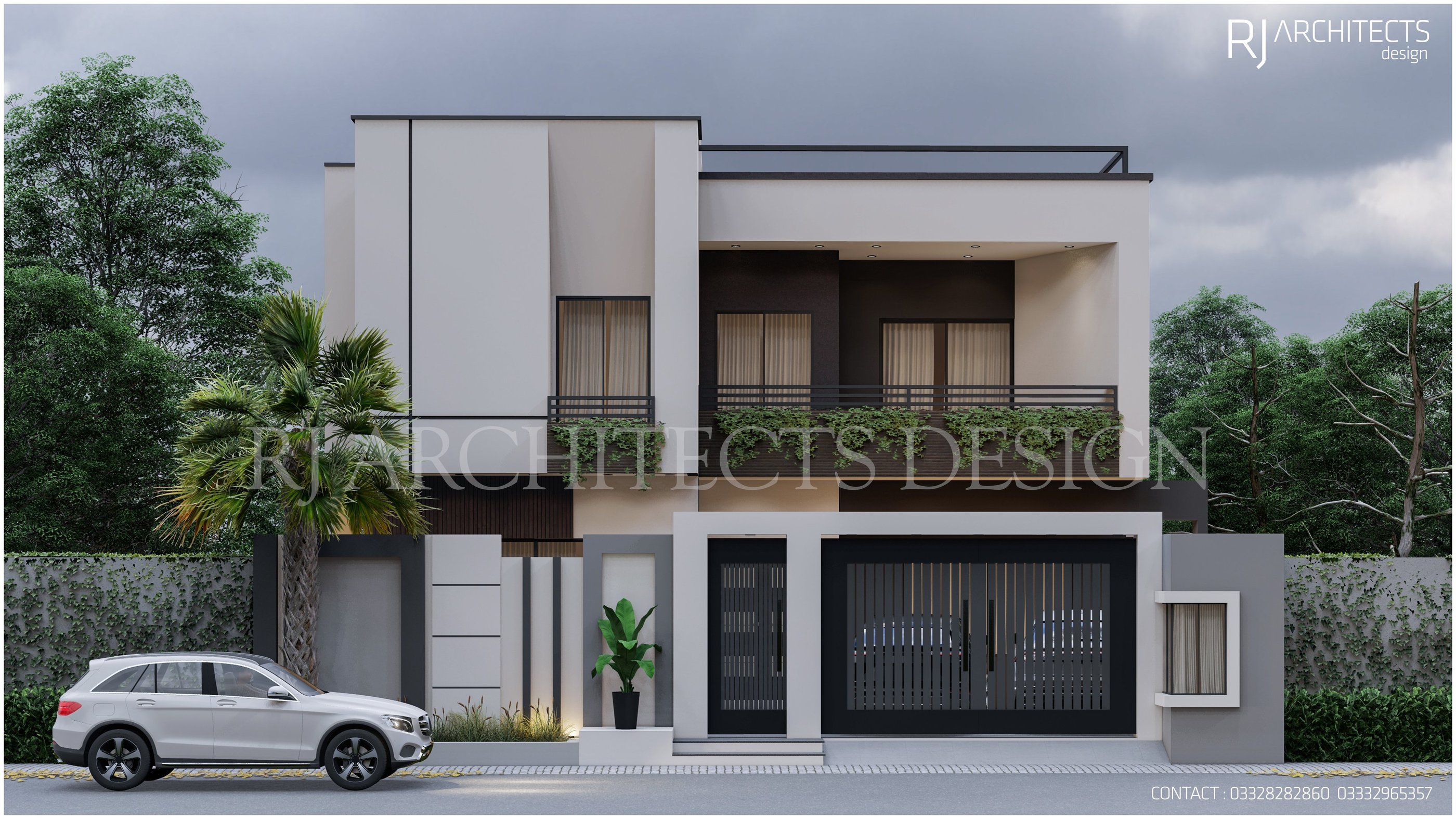 Modern two-story house with a minimalist white and black facade, glass balcony railing, and gated en