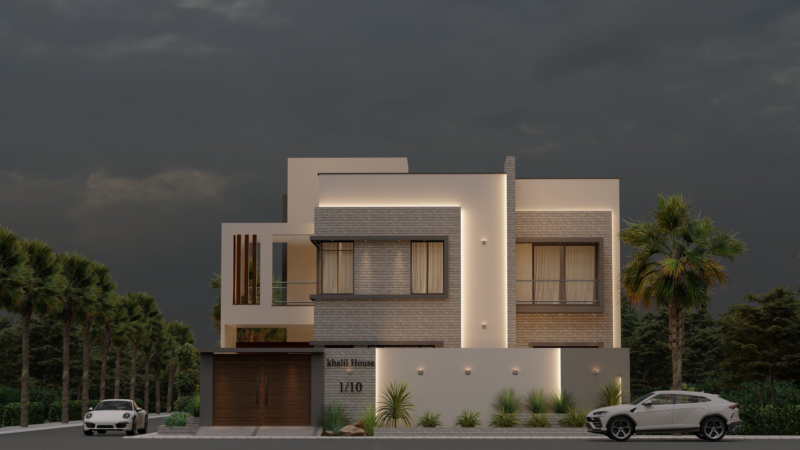 Modern house exterior with warm lighting, brick and white walls, and a wooden gate