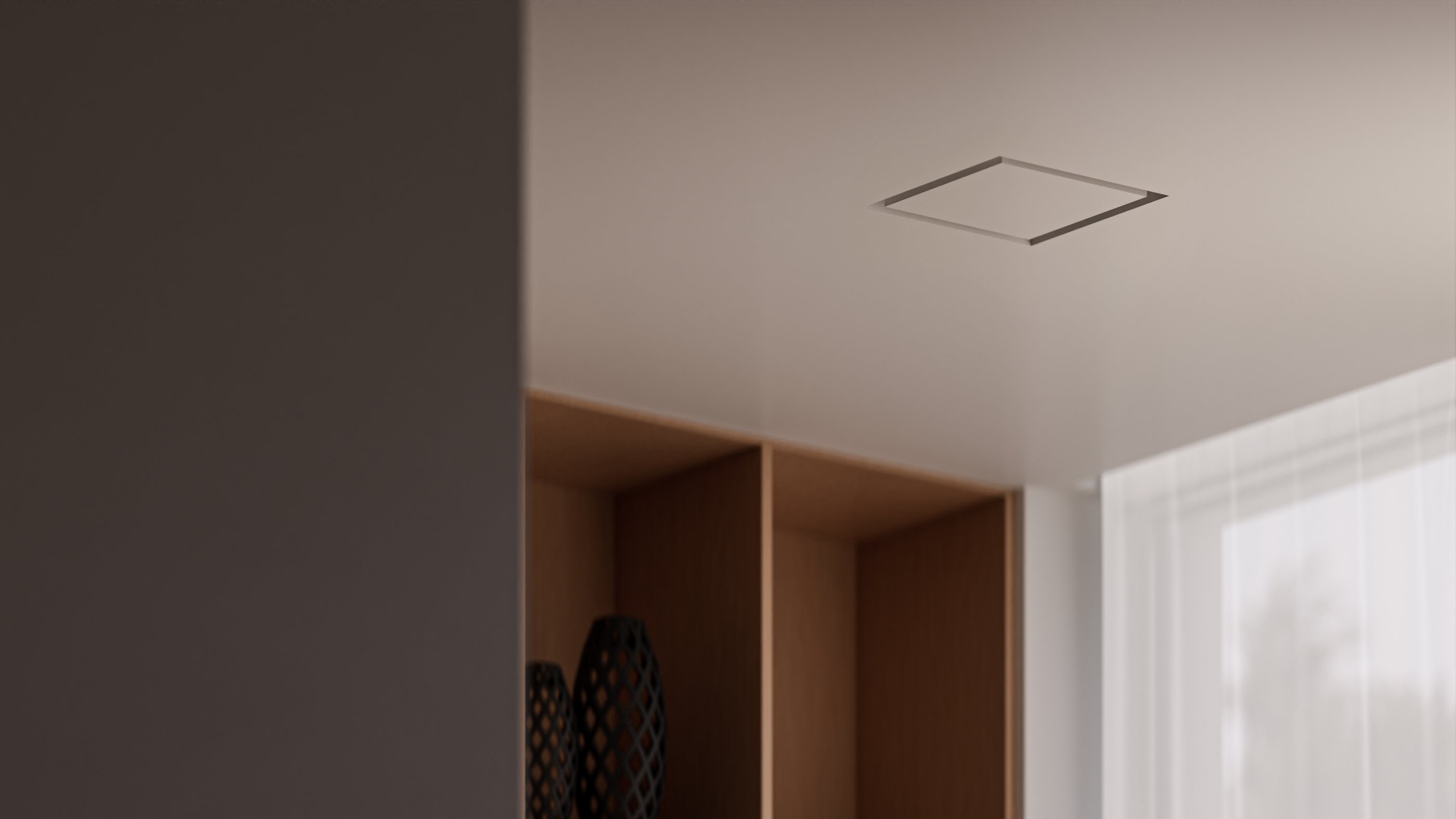 ERGOVENT KVADRO square frameless diffuser flush-mounted in gypsum ceiling of modern interior room