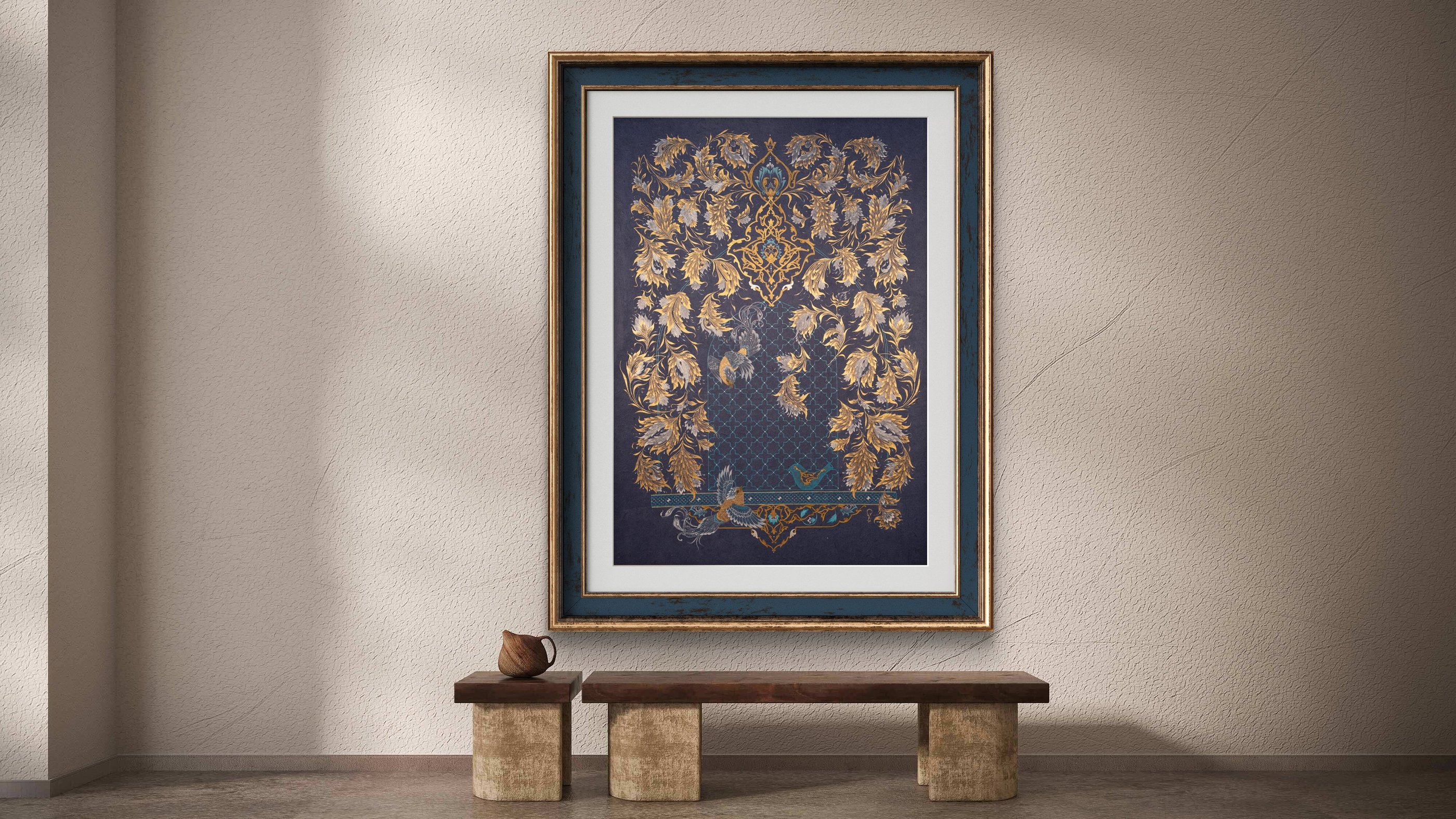 Close up of 24k gold leaf texture showing a traditional Eslimi spiral an infinite interlacing arabes