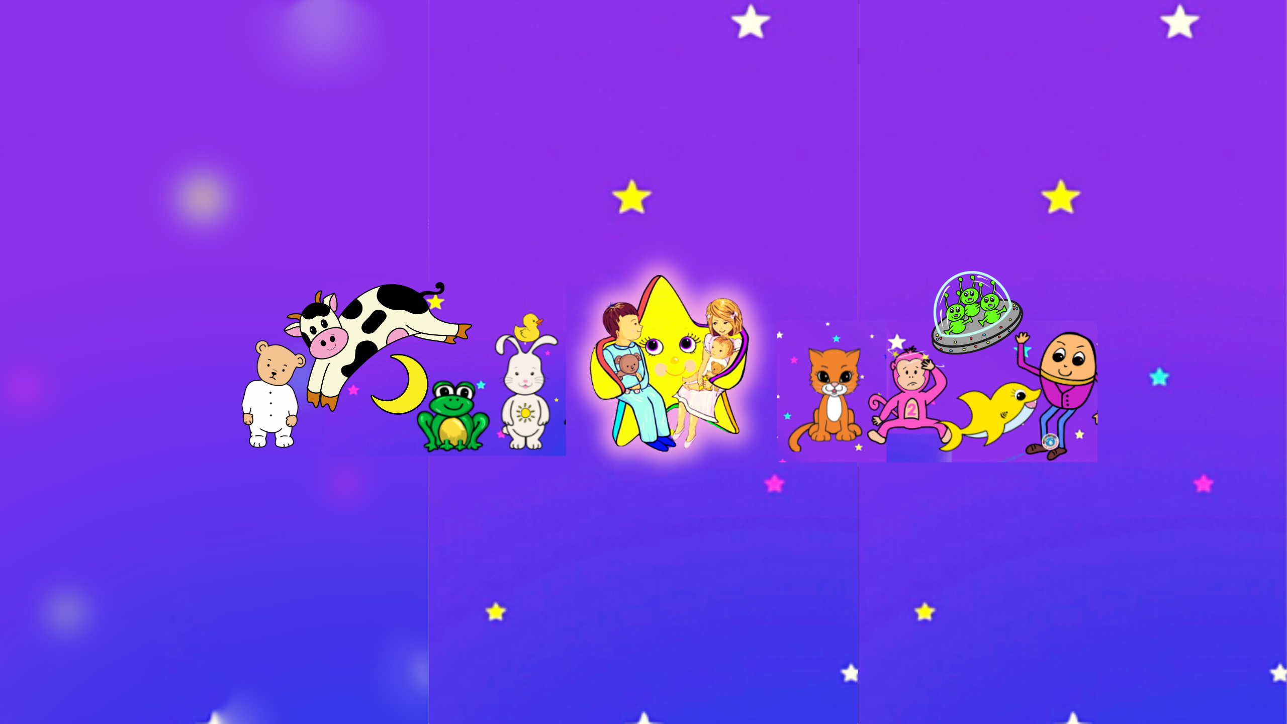 Original VoxKids hand-drawn nursery rhyme characters including Twinkle Twinkle Little Star, cow over