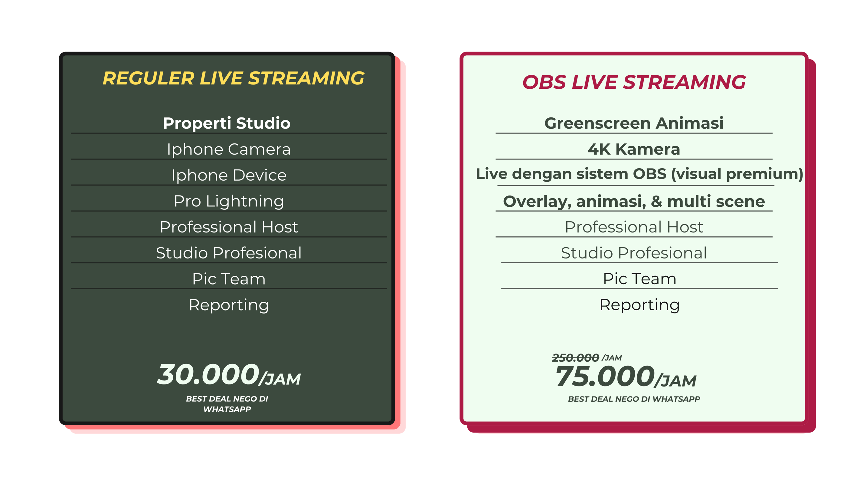 Comparison of Regular and OBS live streaming packages with pricing and studio features.