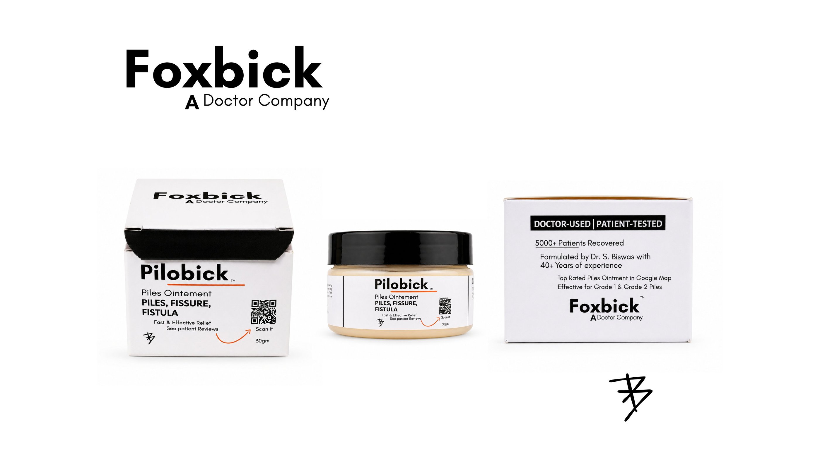Foxbick Pilobick ointment packaging and jar for Piles, Fissure, and Fistula relief, 30gm.