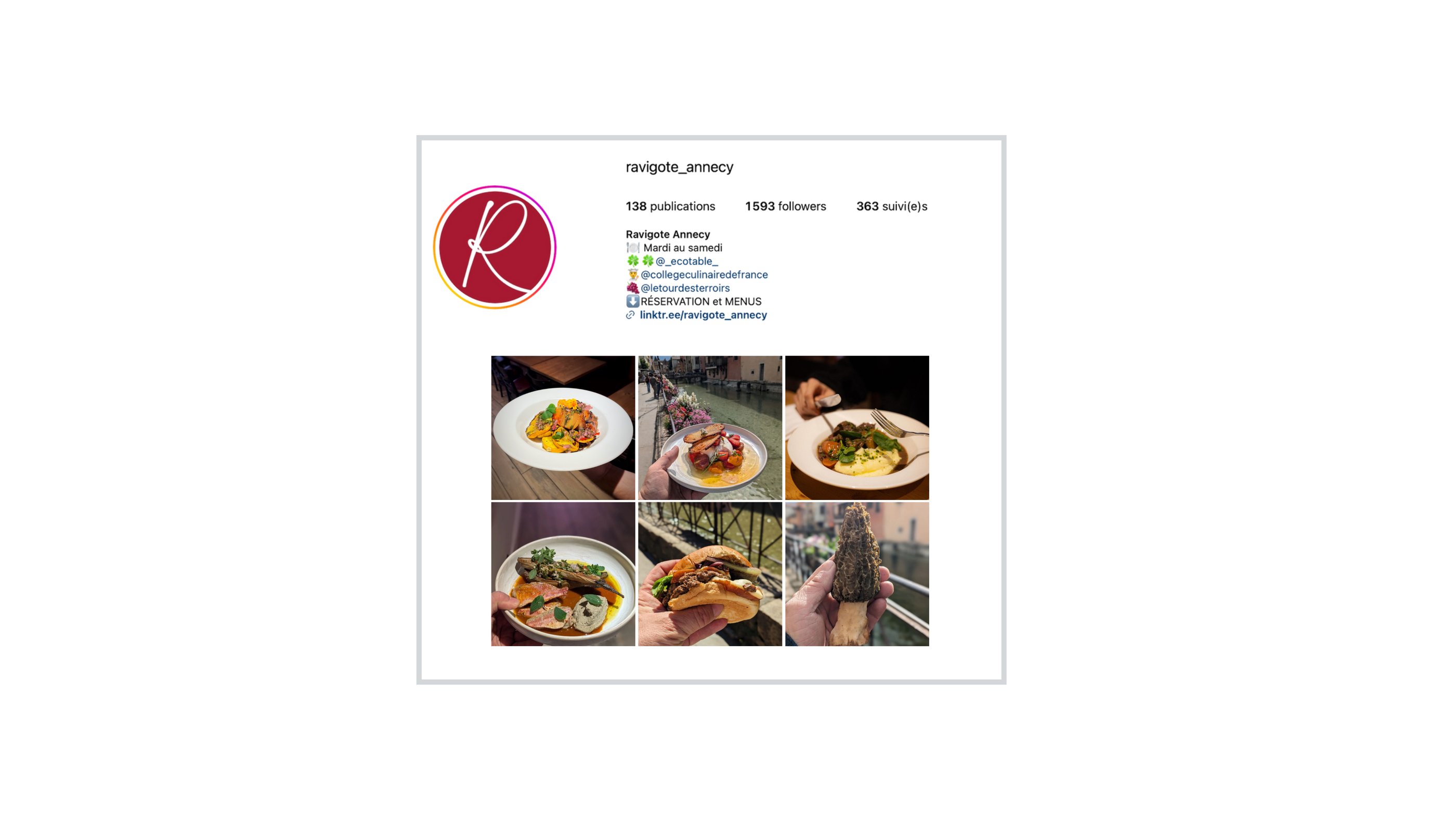 Aperçu de la page Instagram du restaurant ravigote avec 6 photographie de plats