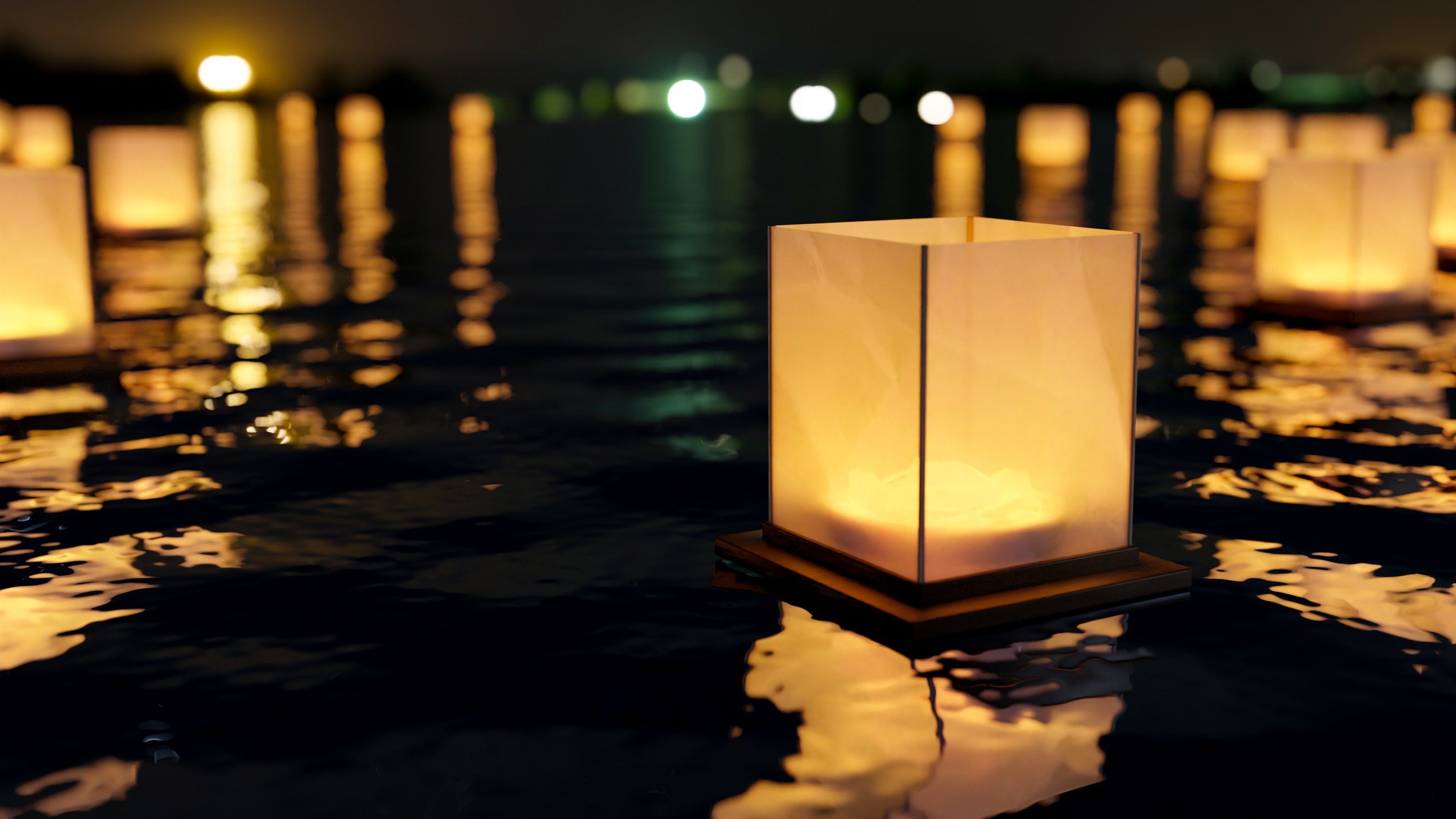 Lanterne flottante illuminée sur l’eau, symbole de mémoire, de recueillement et de paix intérieure