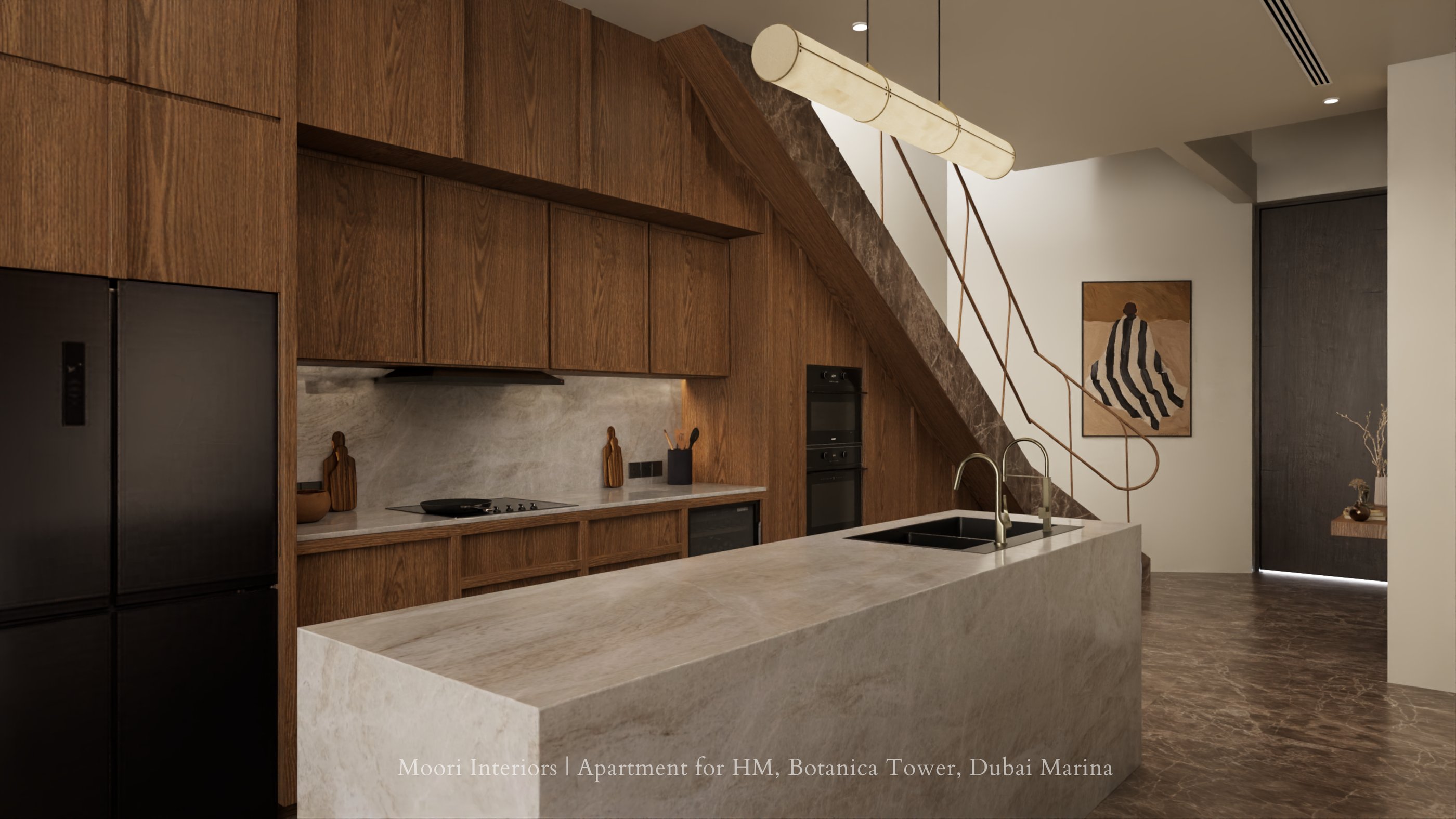 Warm wood kitchen with marble island under staircase, featuring integrated appliances and railing