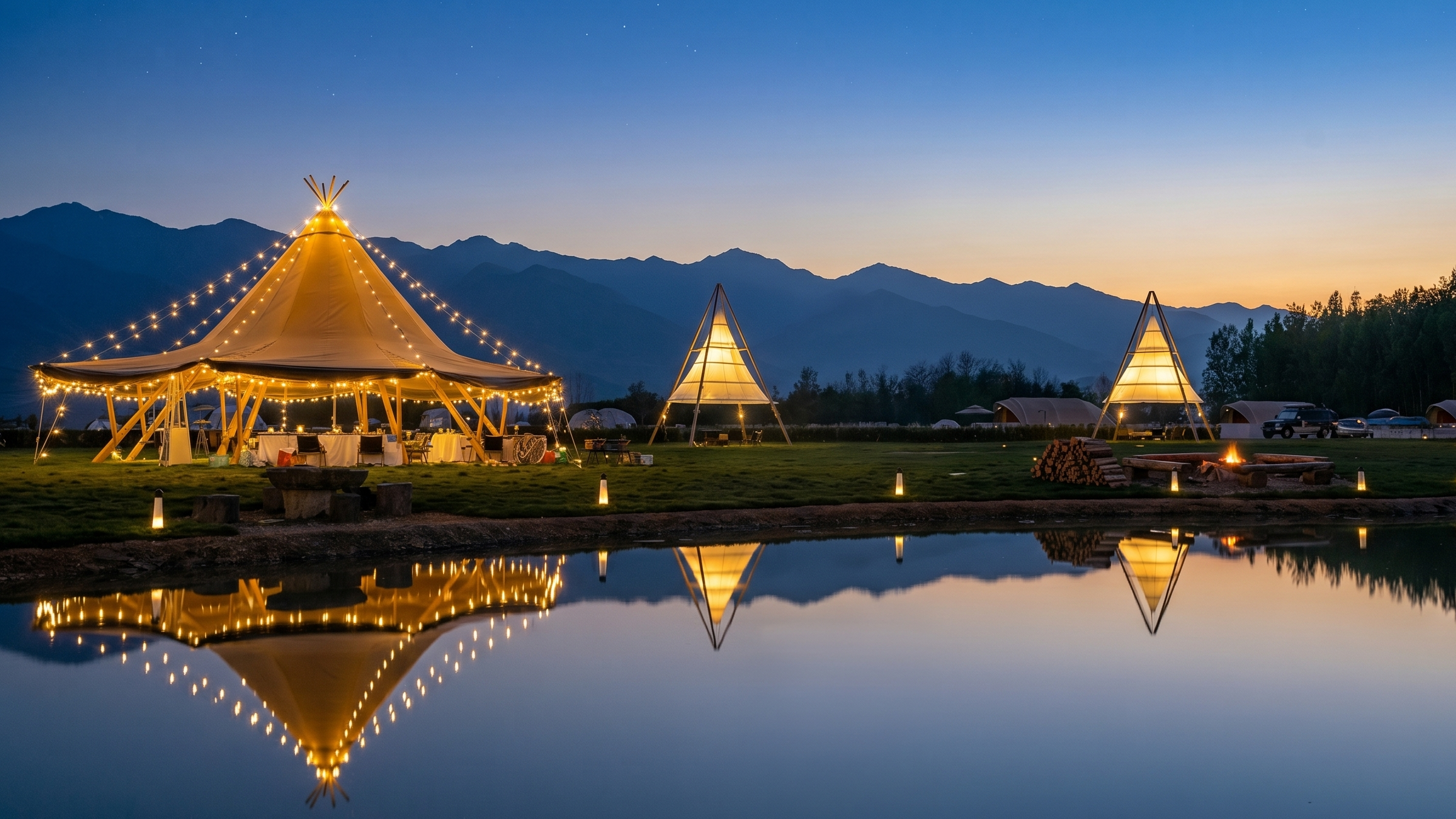 Luxury glamping tents with warm string lights reflecting in a calm lake at dusk with mountain views.