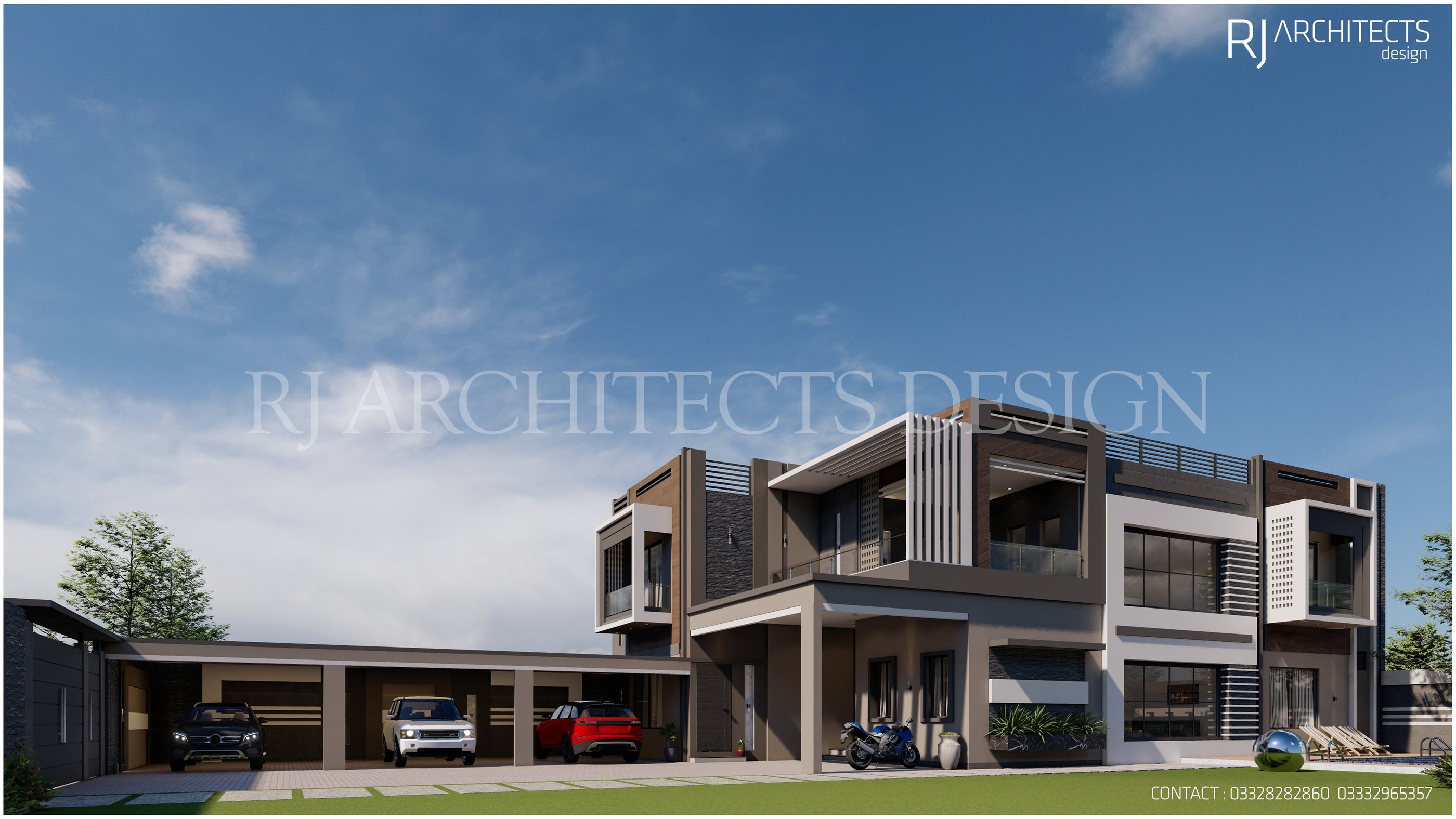 Luxury modern villa with large windows, spacious car porch, and sleek architectural design