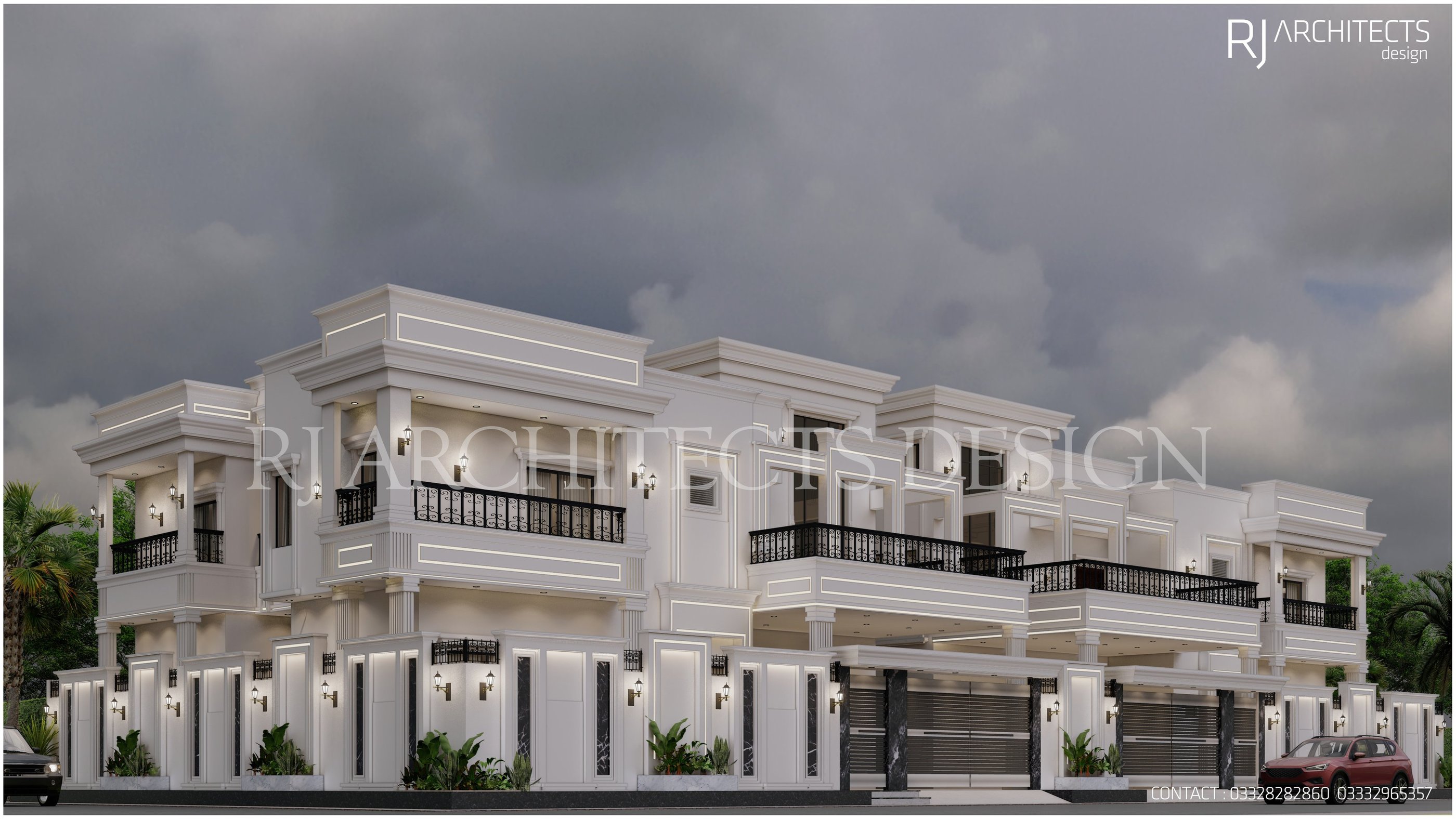 Modern white villa 3D rendering with black railings and lighting accents