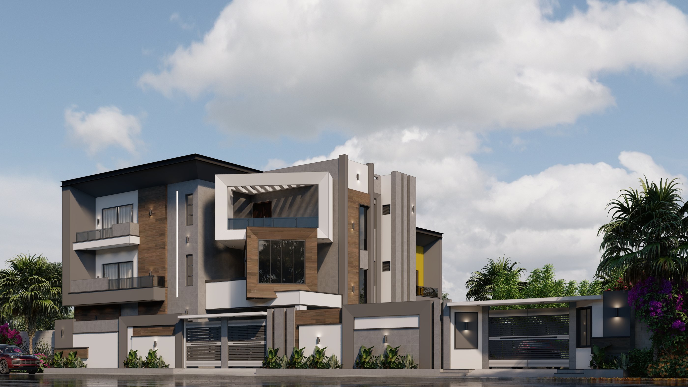 Luxurious modern house with geometric facade, large windows, and a gated entrance
