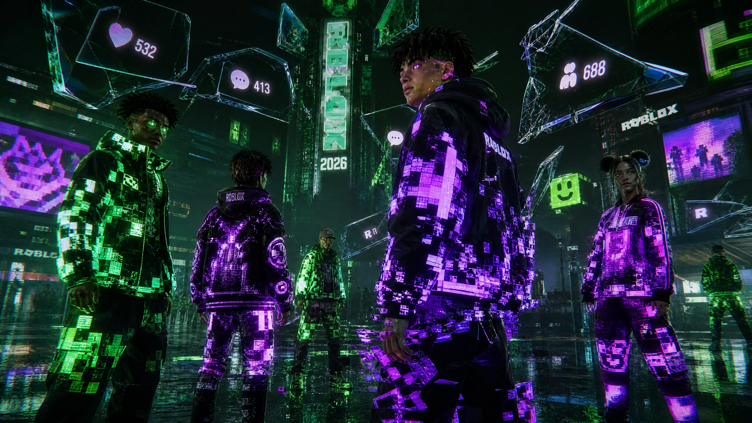 Avatars in a futuristic Roblox cyberpunk city wearing glowing pixelated neon streetwear.