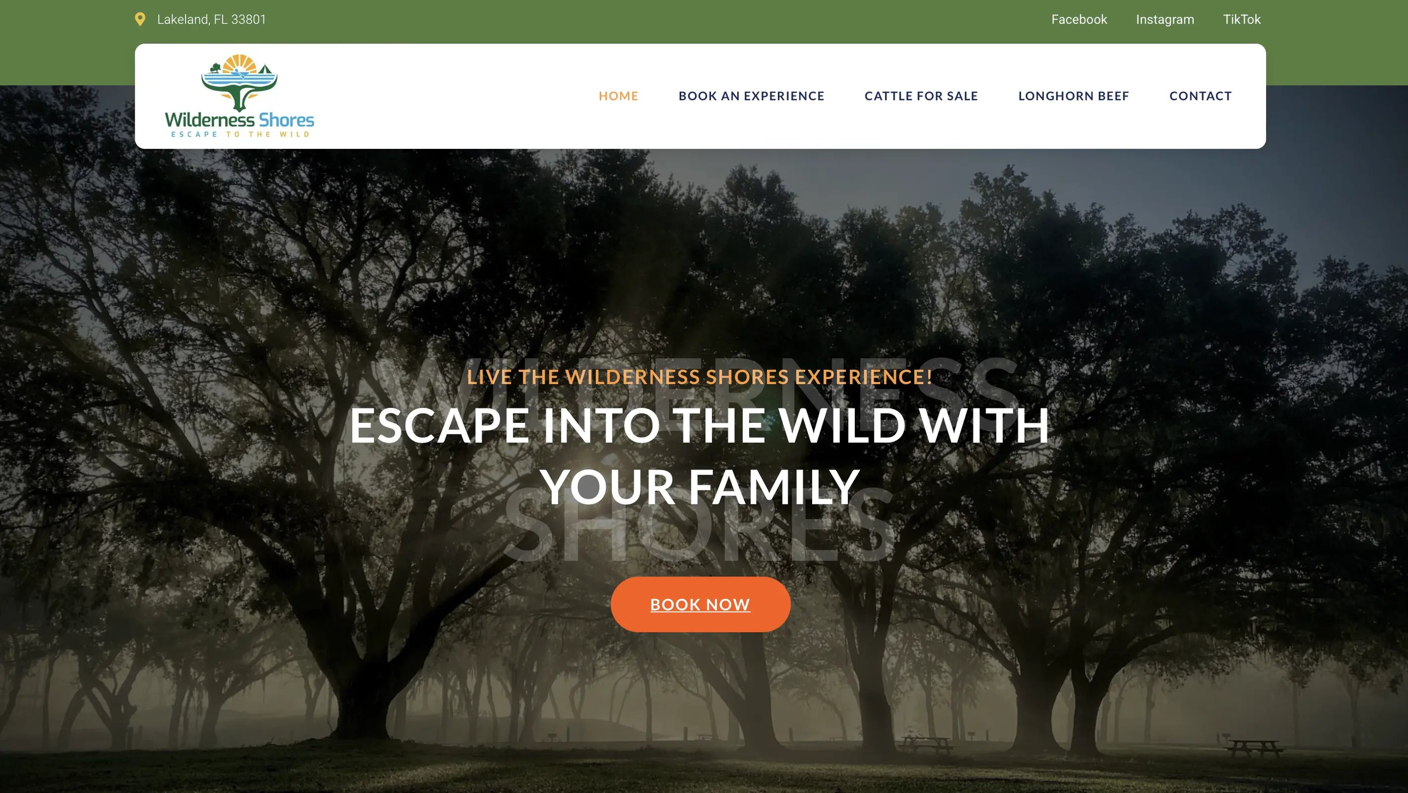 wilderness shores website banner with the tagline 'escape into the wild with your family'