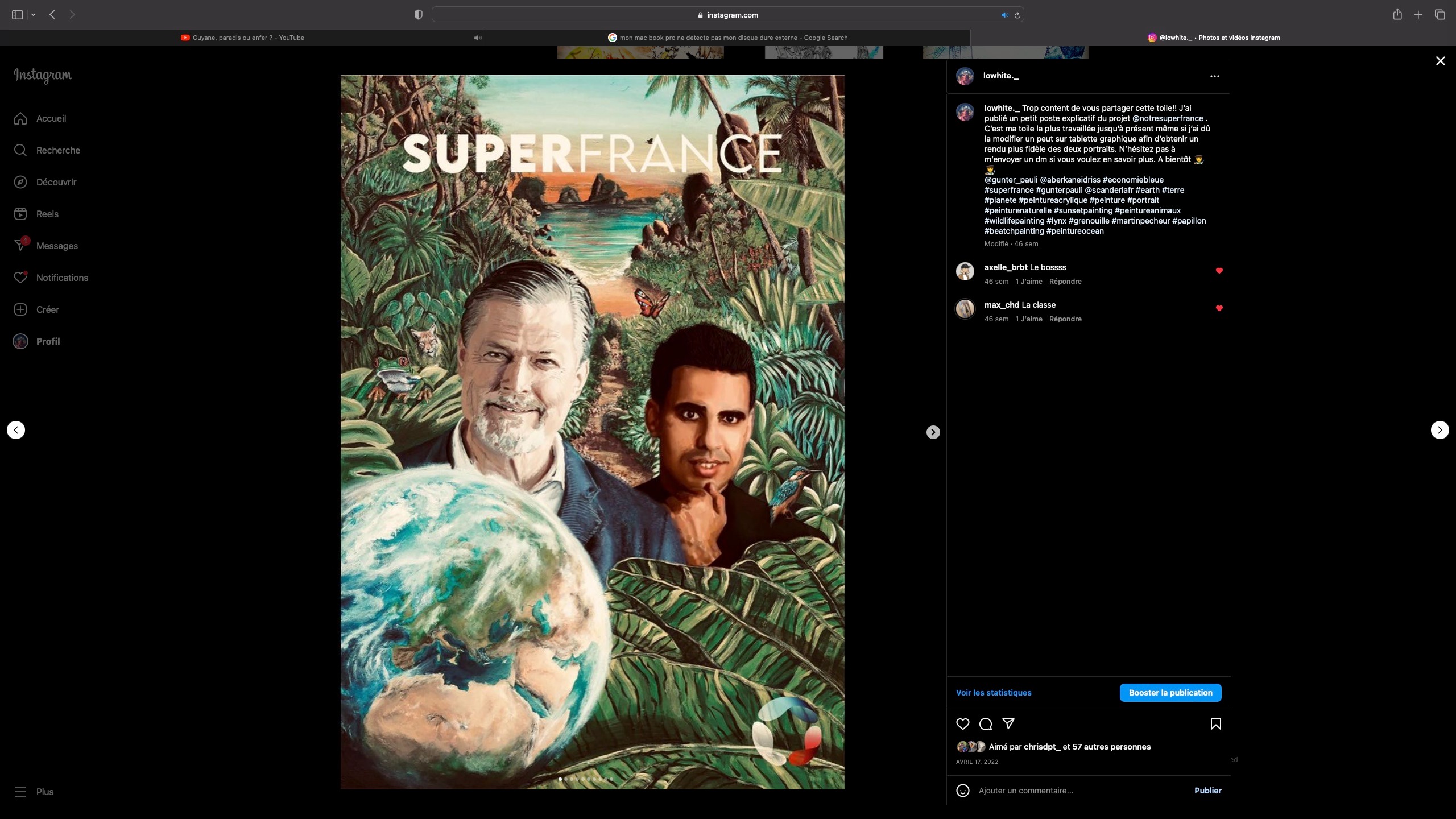 une peinture de la plage avec la planète terre et le portrait de deux hommes au premier plan