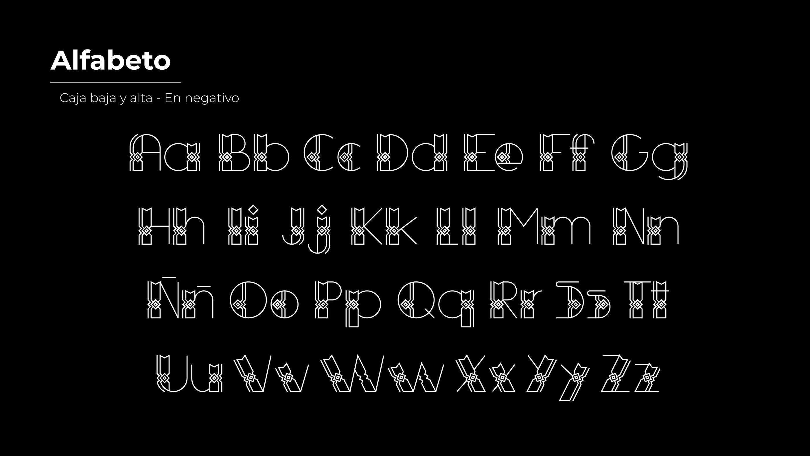 Caja baja y alta sobre fondo negro, inspiradas en la iconografía de la Comunidad Yine