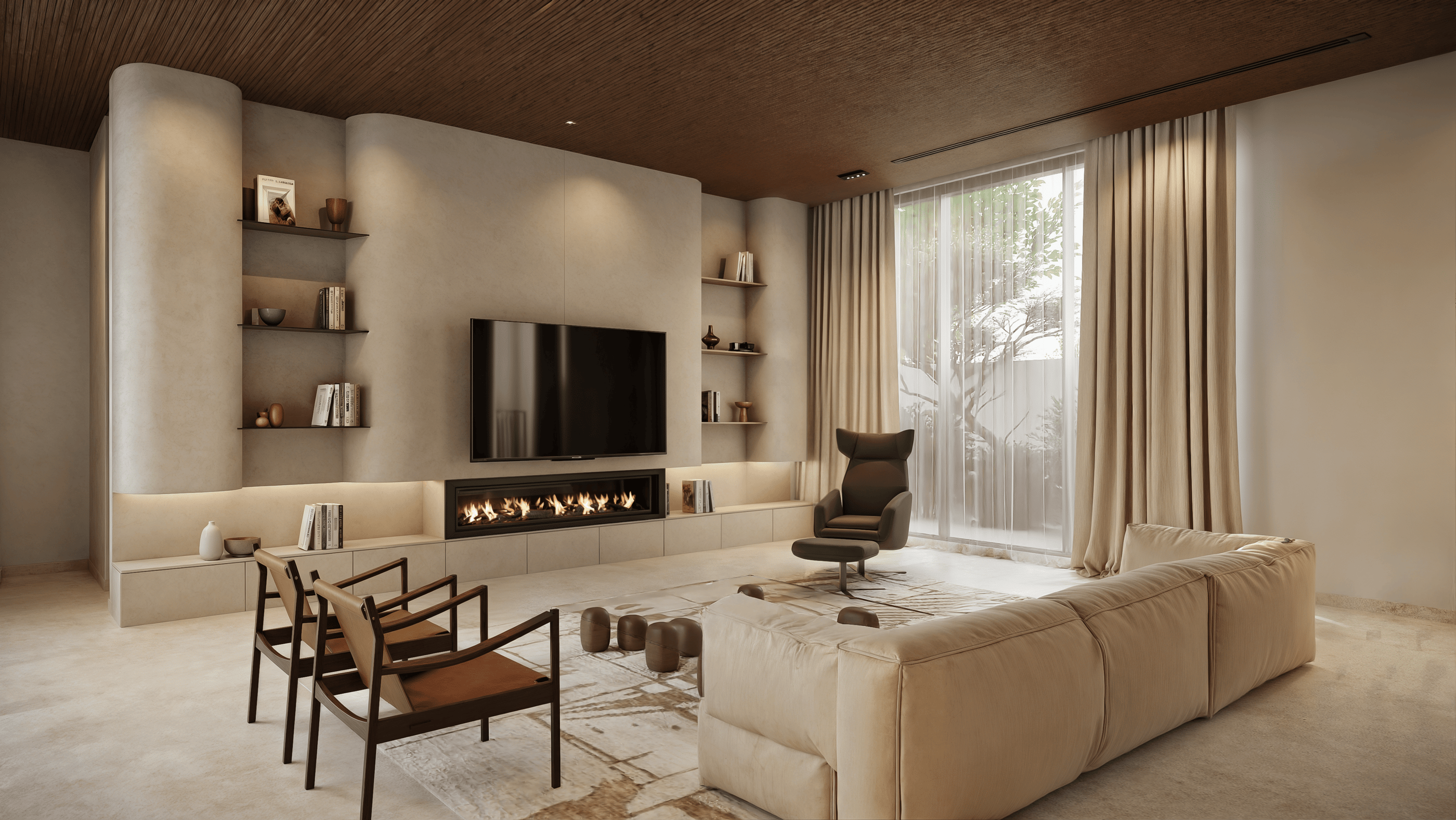 A tan sectional sofa and brown armchairs in a living room with a modern fireplace and TV.