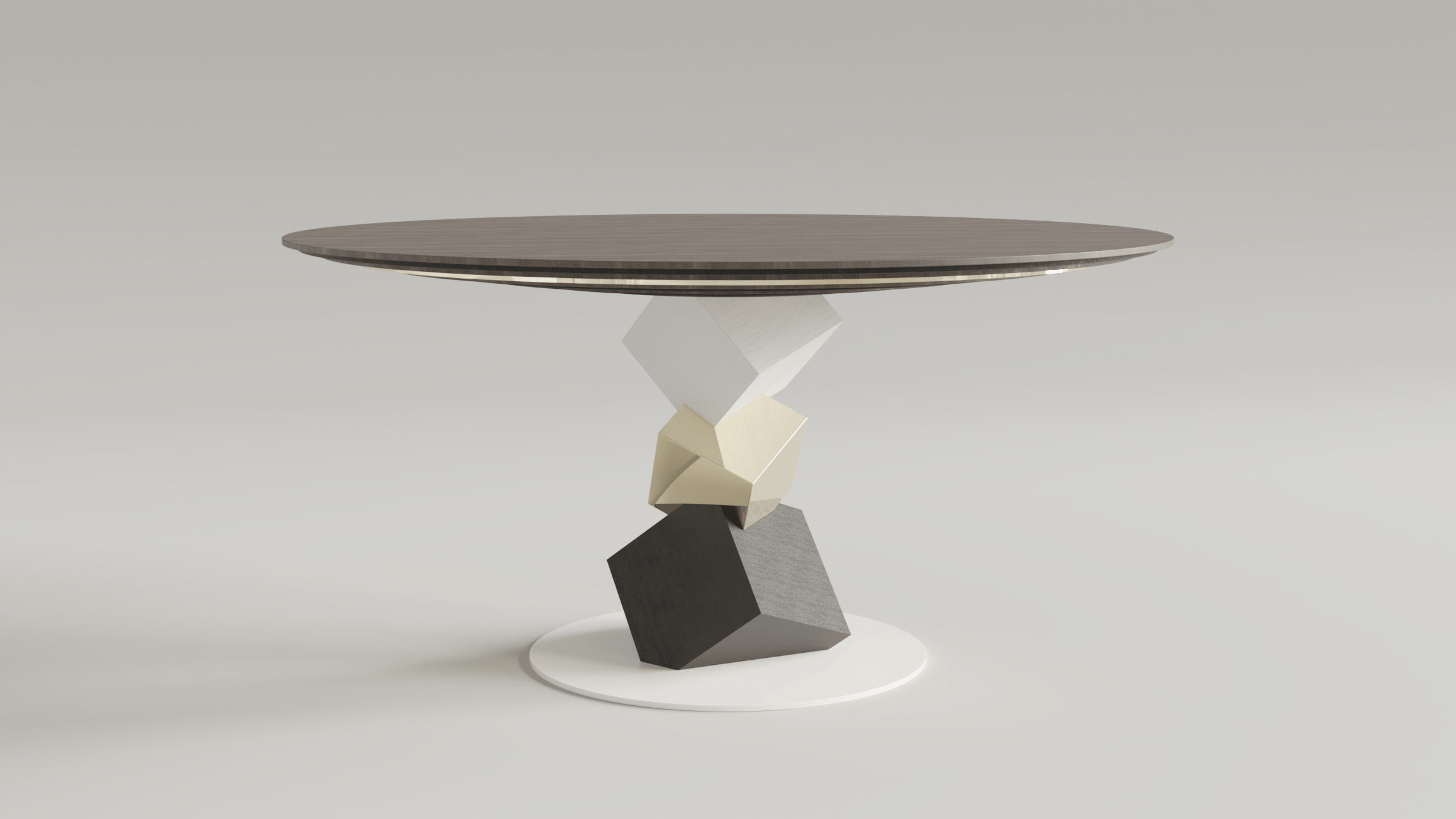 Pyrite dining round table, polished brass, walnut, oak 