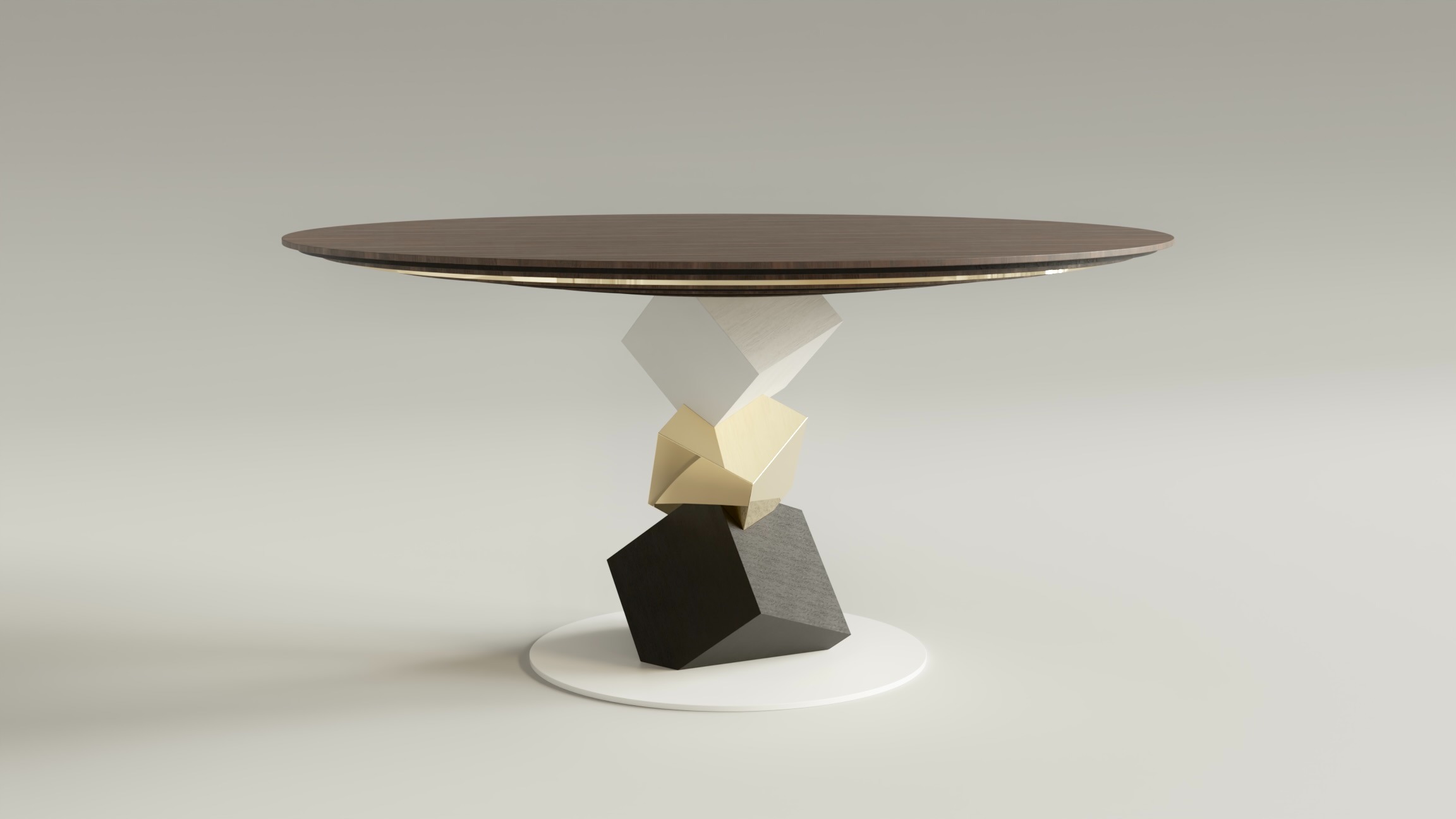 Table ronde de la série Pyrite en noyer, laiton poli, moabi. Pied central formé de cubes