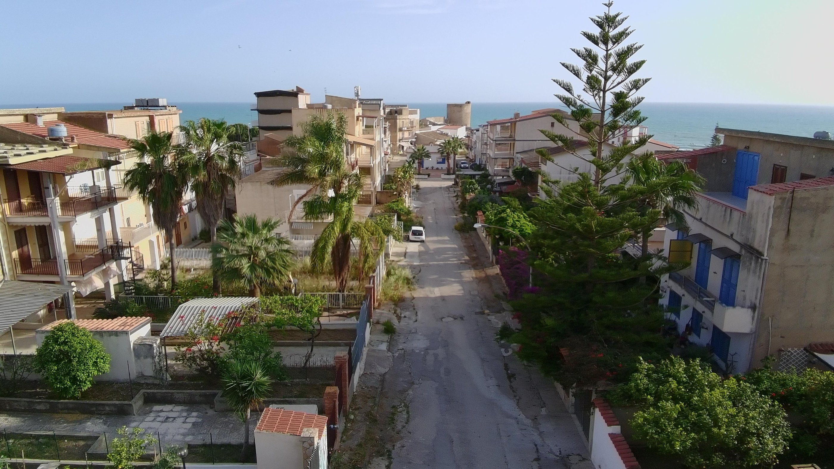 Front drone view , from the coliving for digital nomdas Co.bay Torre di Gaffe, Agrigento, Sicily, Italy