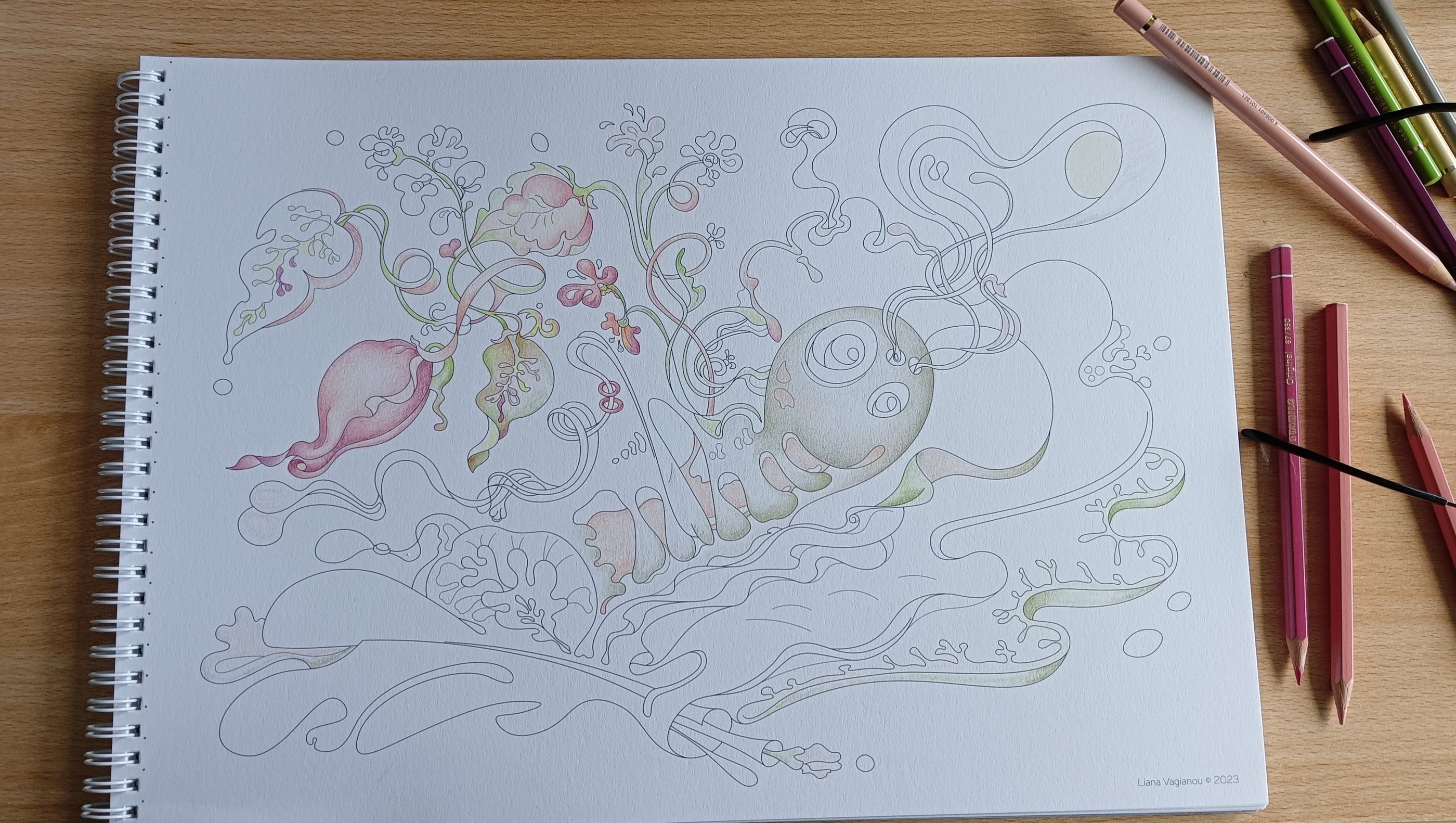 Developing biophilic creature detail from Intuitive Dialogues in soft garden tones.